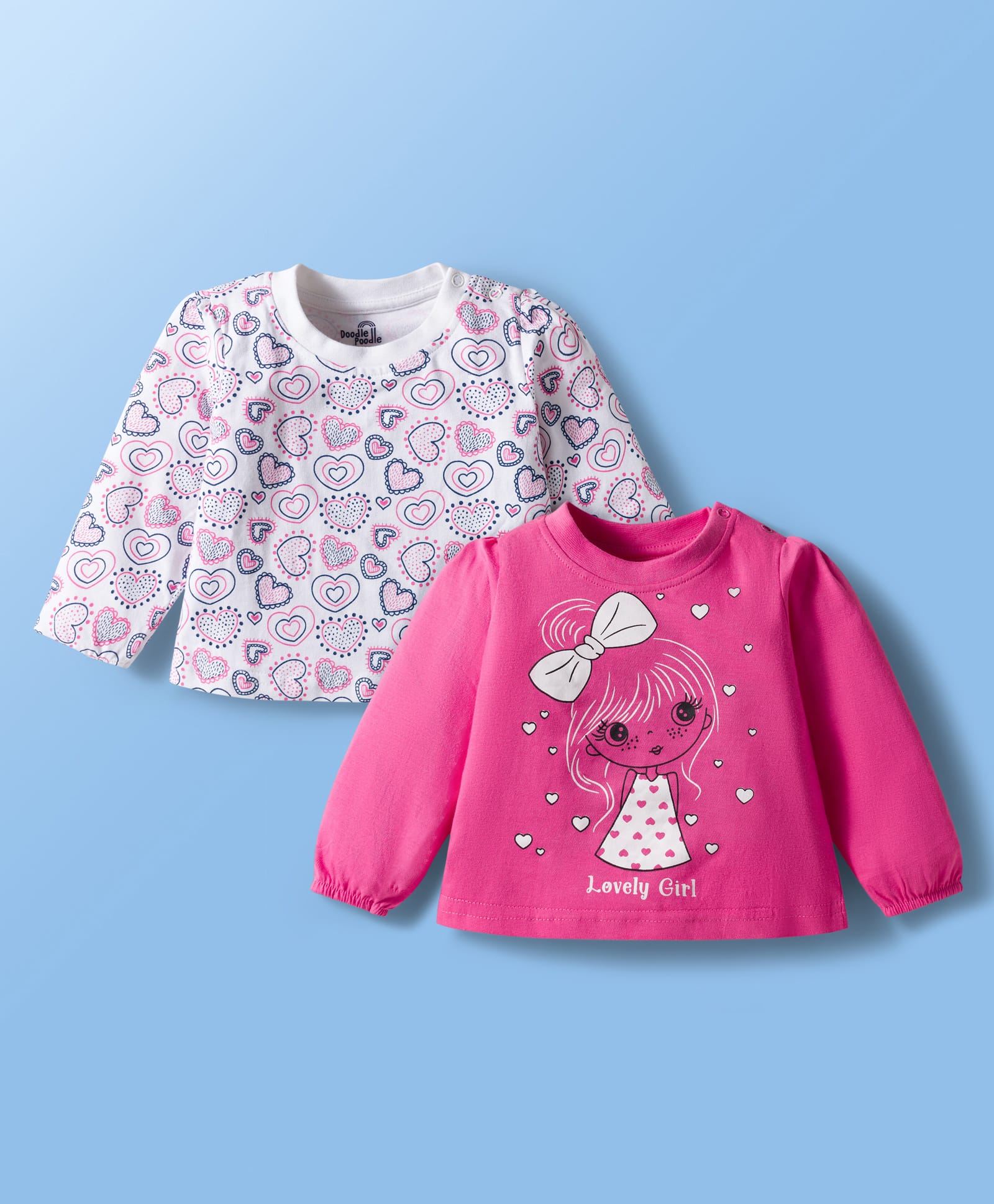 Doodle Poodle 100% Cotton Knit Full Sleeves Top with Heart & Lovely Girl Text Print Pack of 2 - Carmine Rose & Bright White-image-26