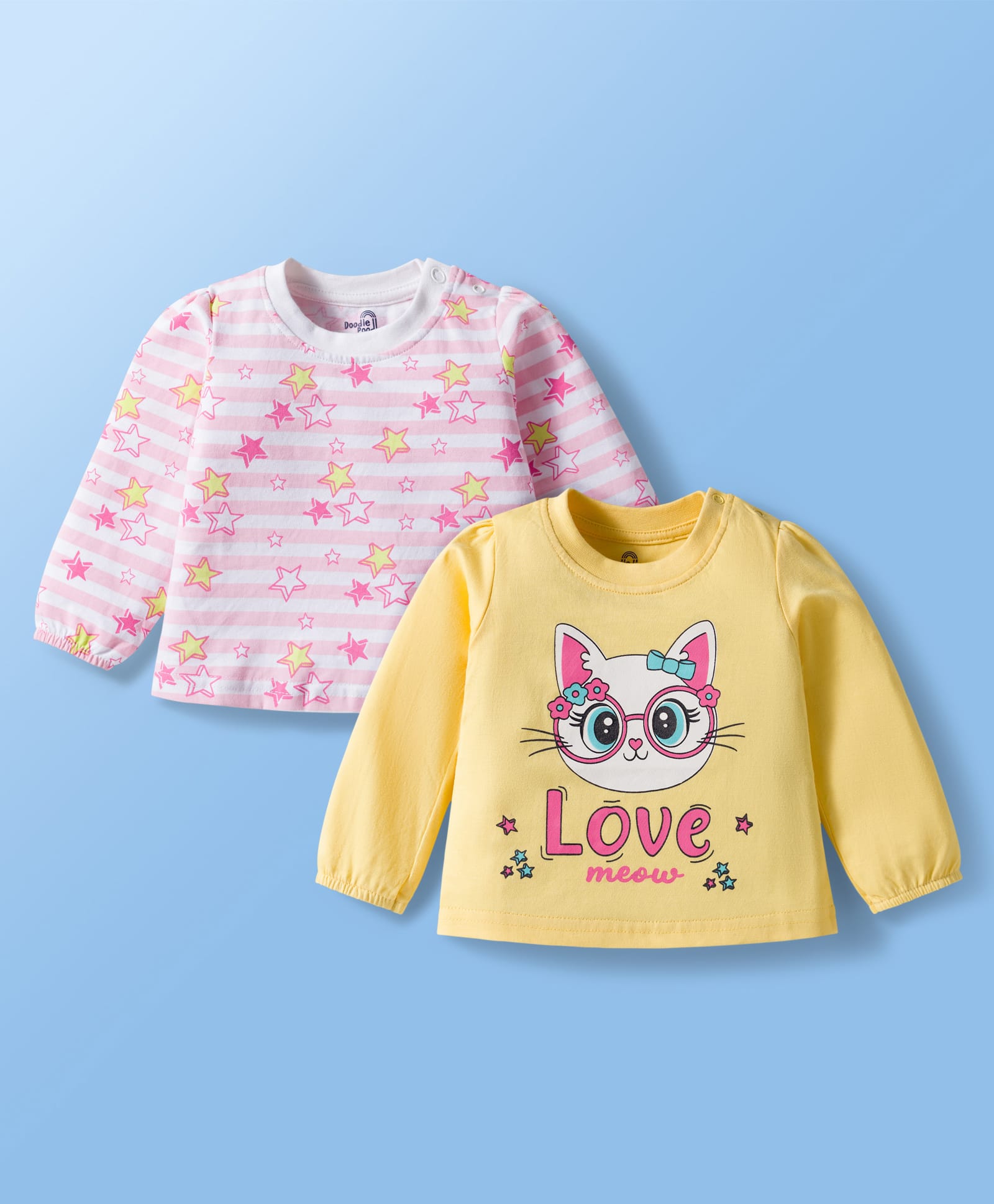 Doodle Poodle 100% Cotton Knit Full Sleeves Top With Star & Love Text Print Pack of 2 - Lemon Verbena & Bright White-image-13