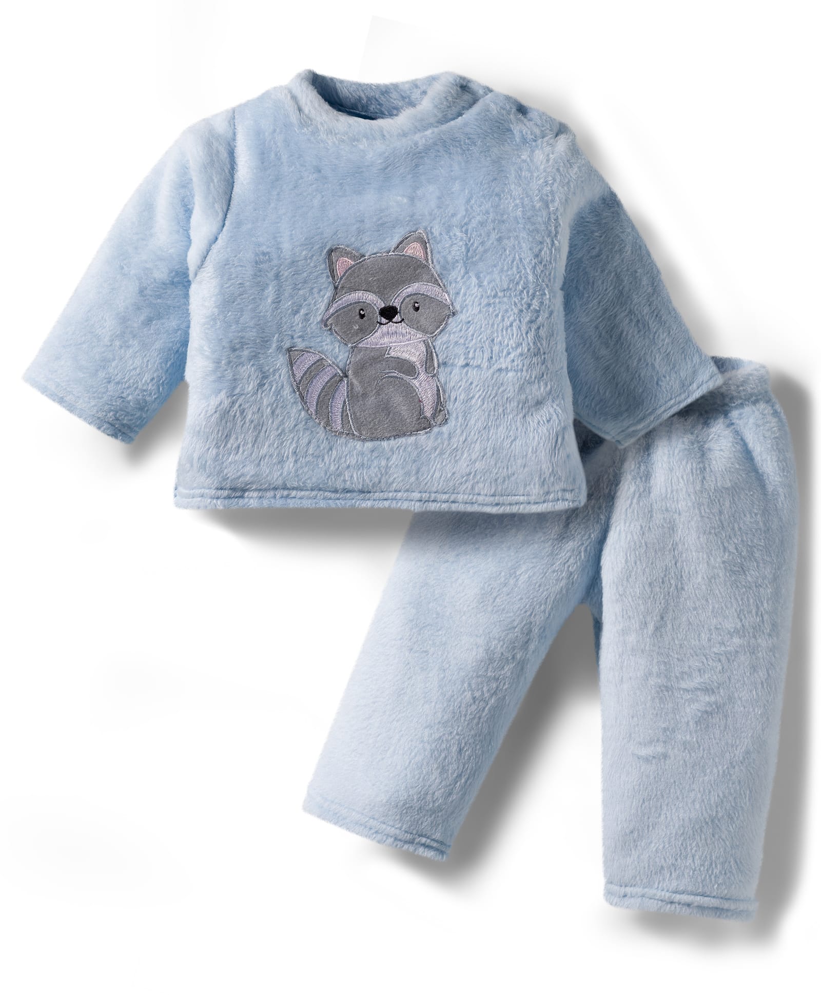 Babyhug Velour Knit Full Sleeves Winter Night Suit with Racoon Embroidery - Blue