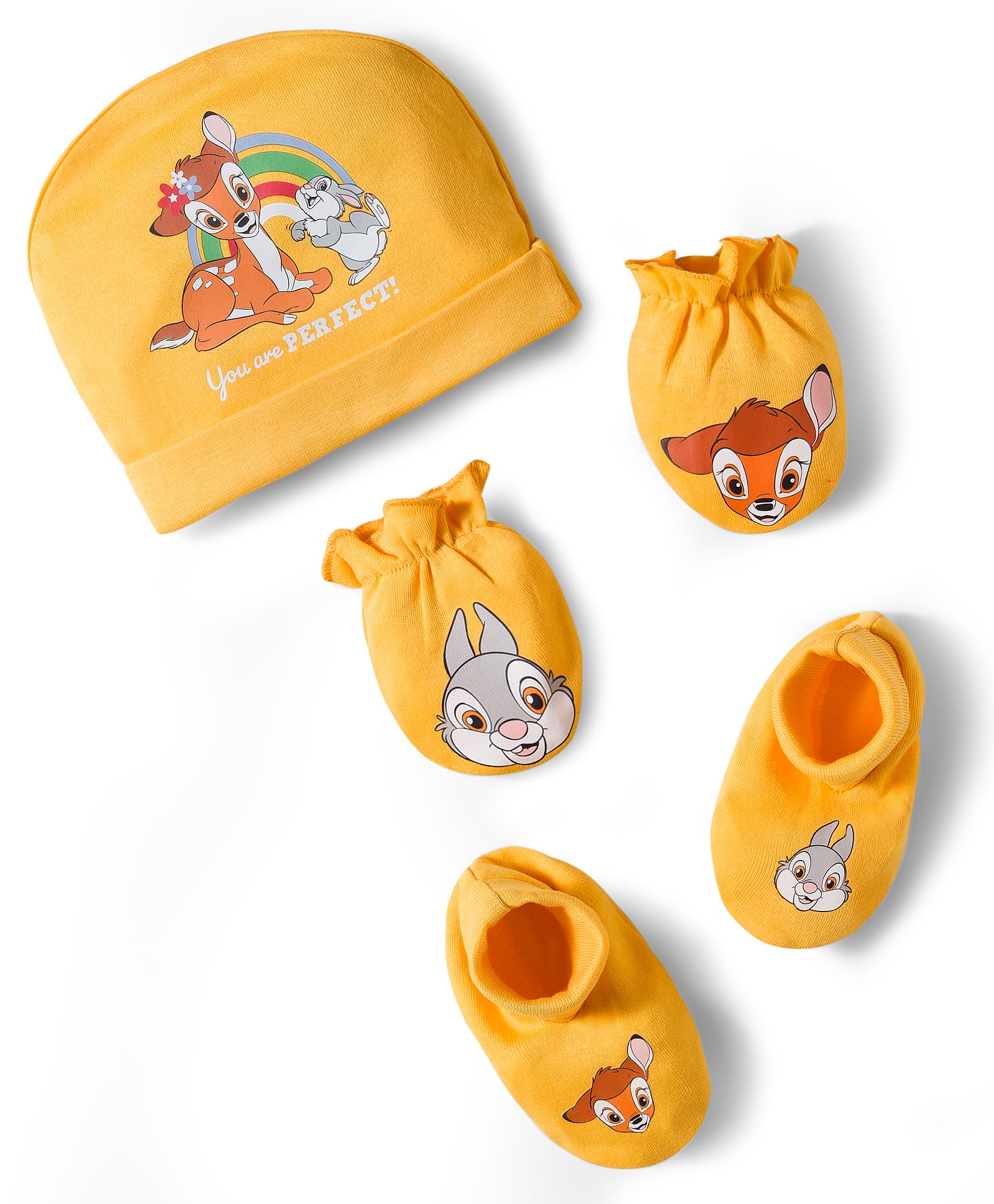 Babyhug Disney Interlock Knit Cap Mittens & Booties Set With Bambi & Friends Graphic Yellow - Diameter 10.5 cm-picture-11