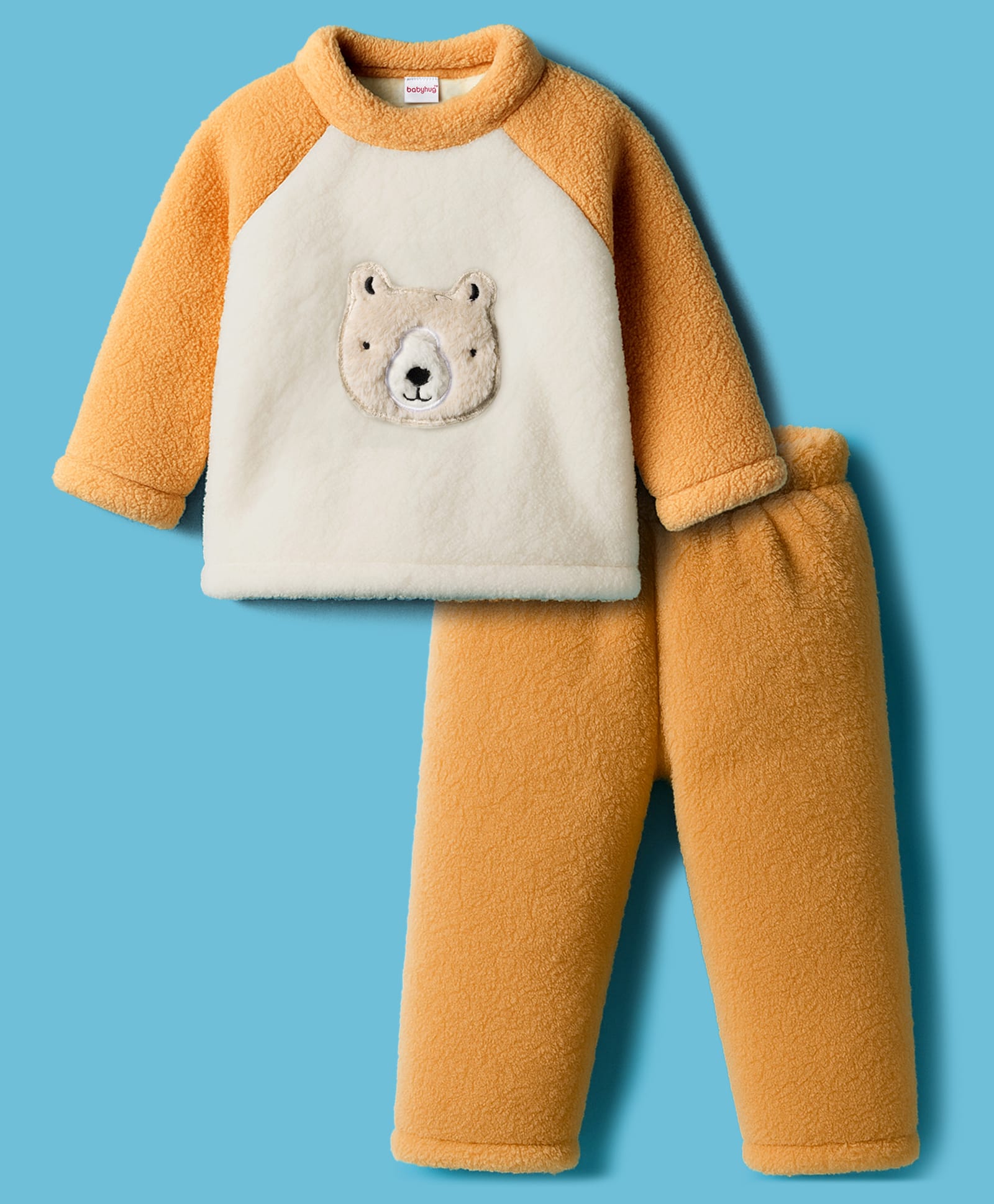 Babyhug Velour Knit Full Raglan Sleeves Winter Wear Night Suit With Bear Applique - Beige-image-5