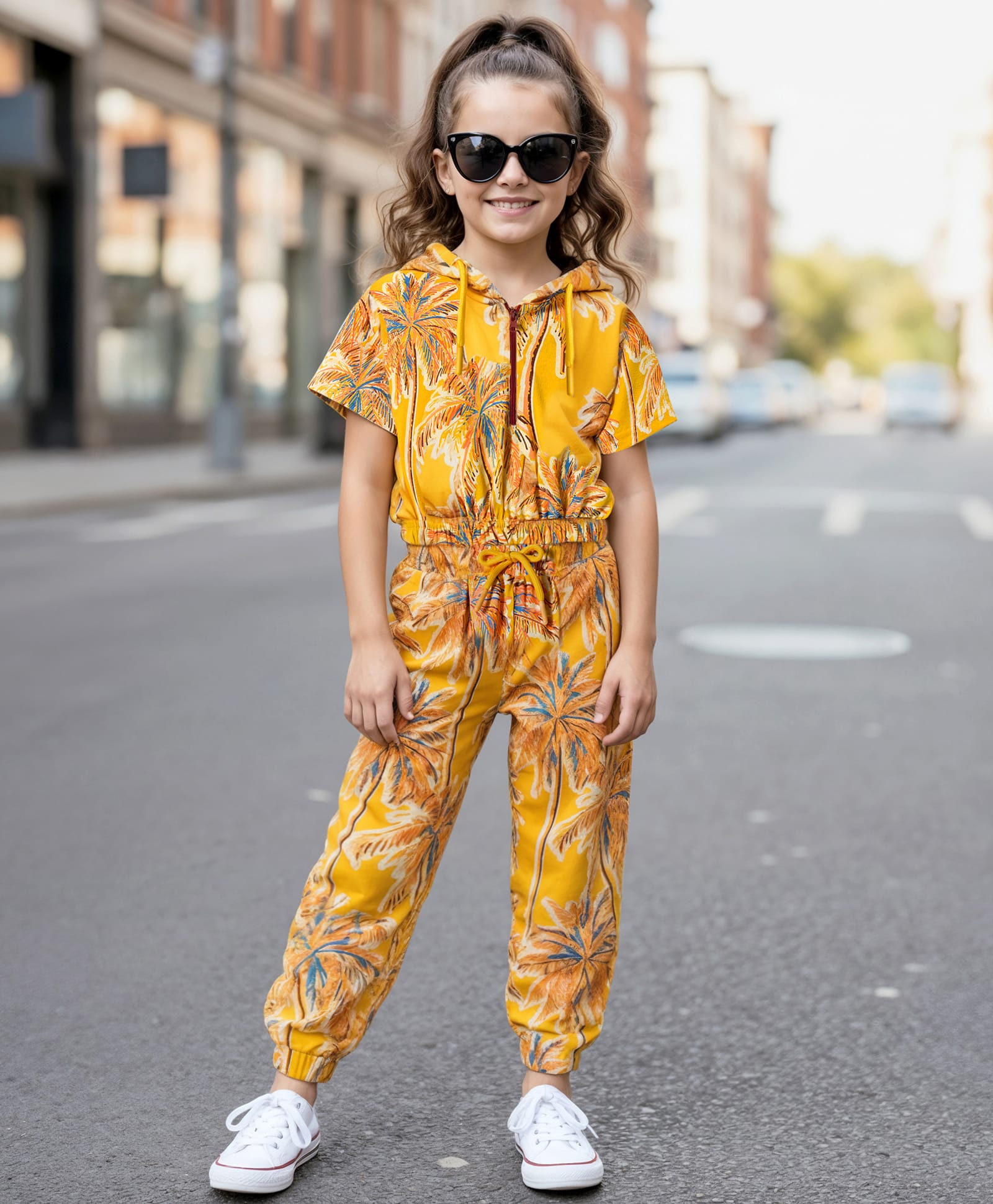 OLLINGTON ST. Cotton Knit Half Sleeves Co-ords Palm Tree Printed Hooded Top & Joggers Set - Yellow-image-22