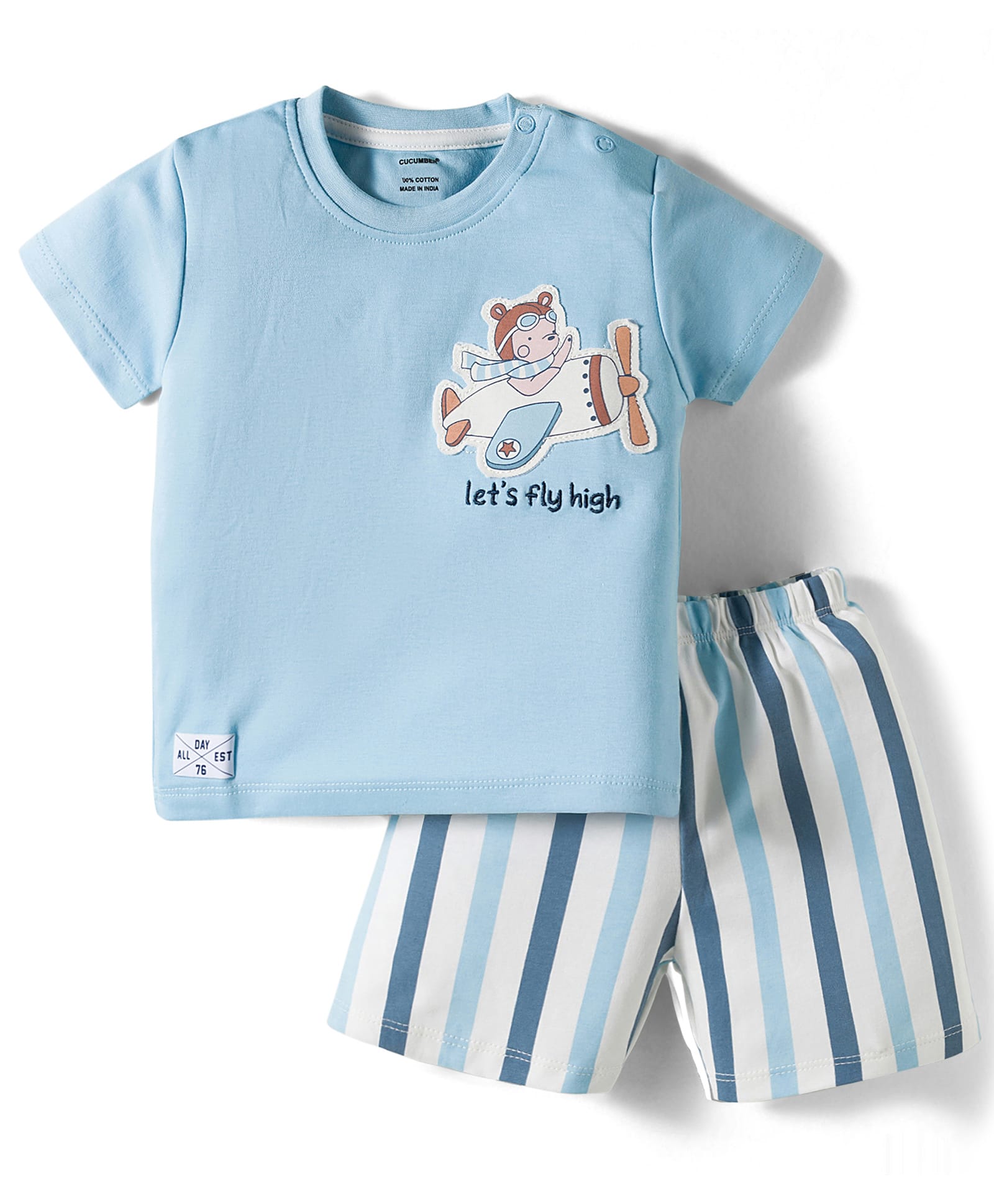 CUCUMBER Interlock Knit Full Sleeves Shorts Night Suit With Text & Animal Print - Light Blue-picture-25