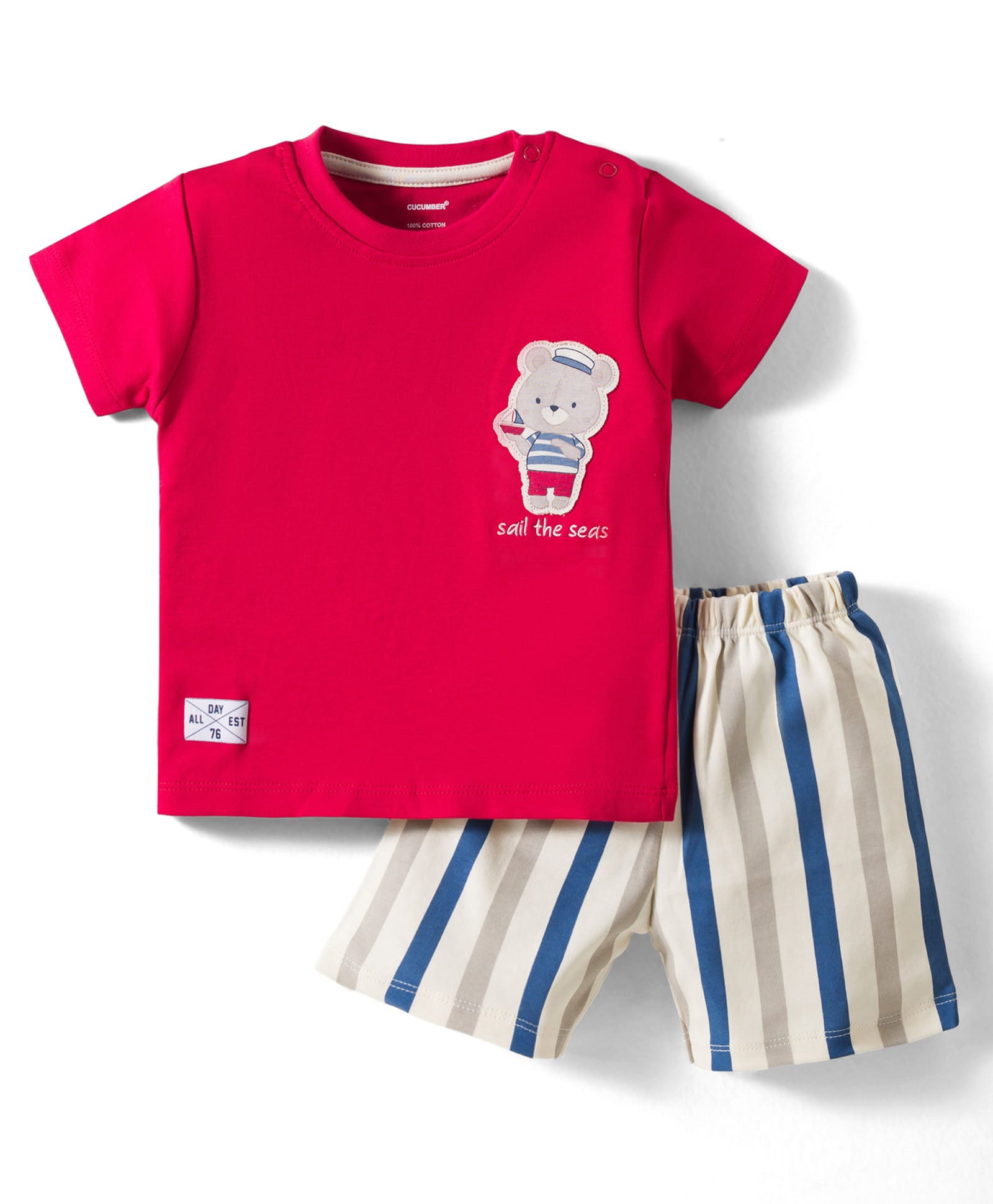 CUCUMBER Interlock Knit Half Sleeves Shorts Night Suit With Animal Embroidery - Red-image-14