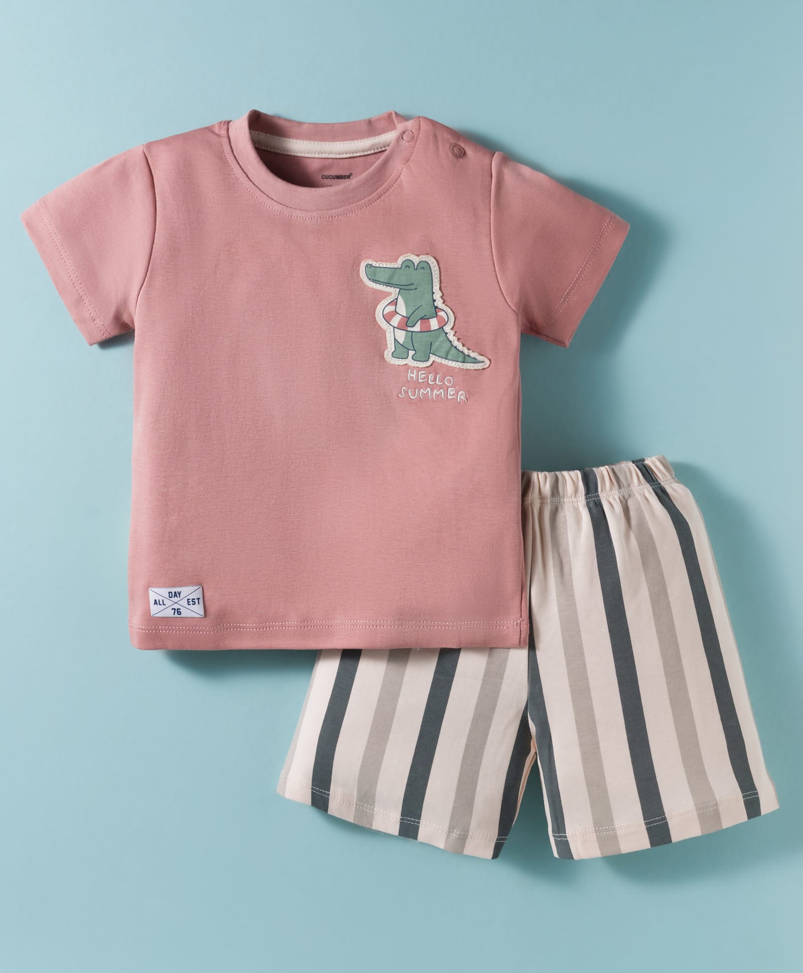 CUCUMBER Interlock Knit Half Sleeves Short Night Suit With Text & Animal Print - Pink-picture-15