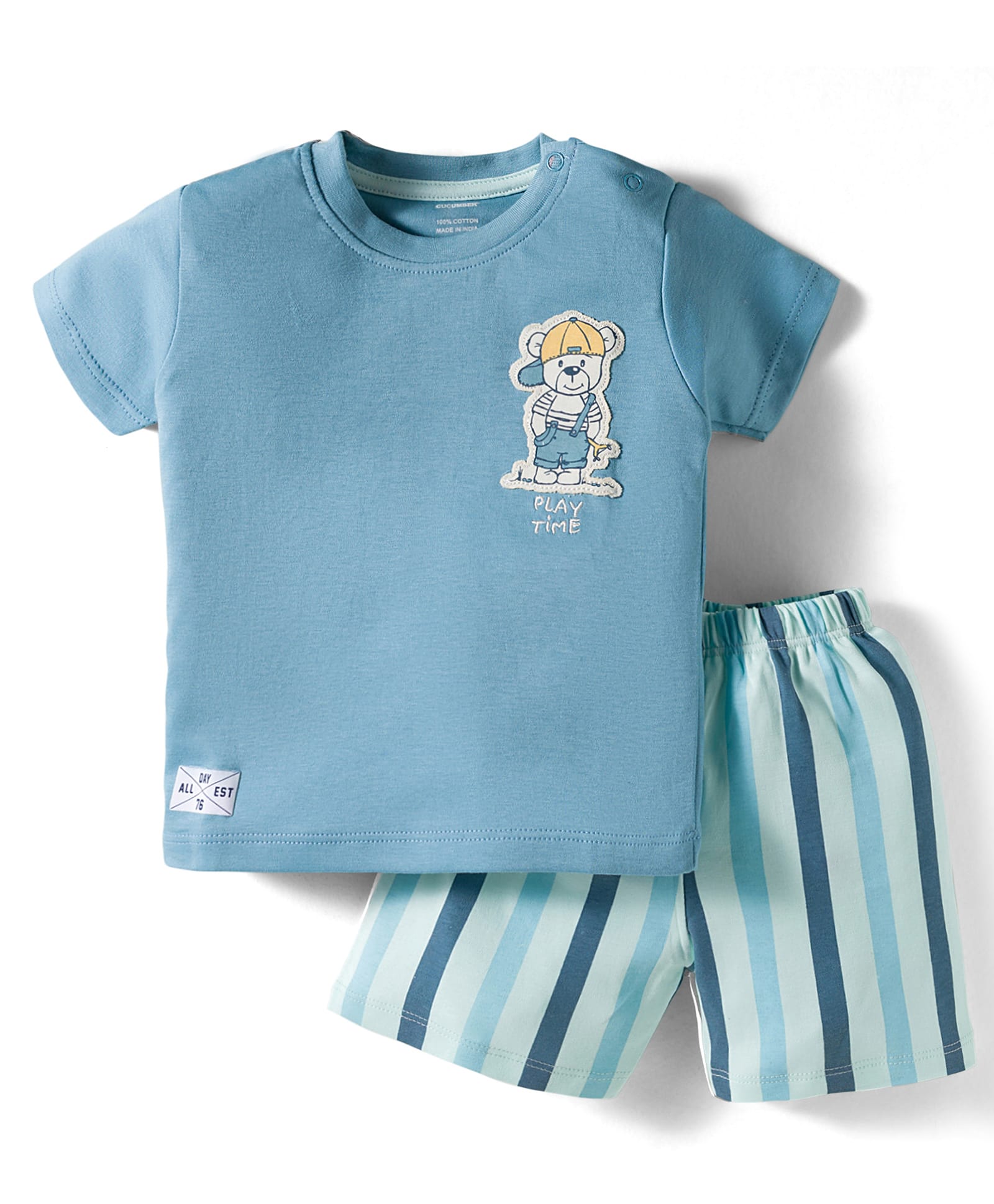 CUCUMBER Interlock Knit Half Sleeves Shorts Night Suit With Text & Animal Print - Light Blue-image-42