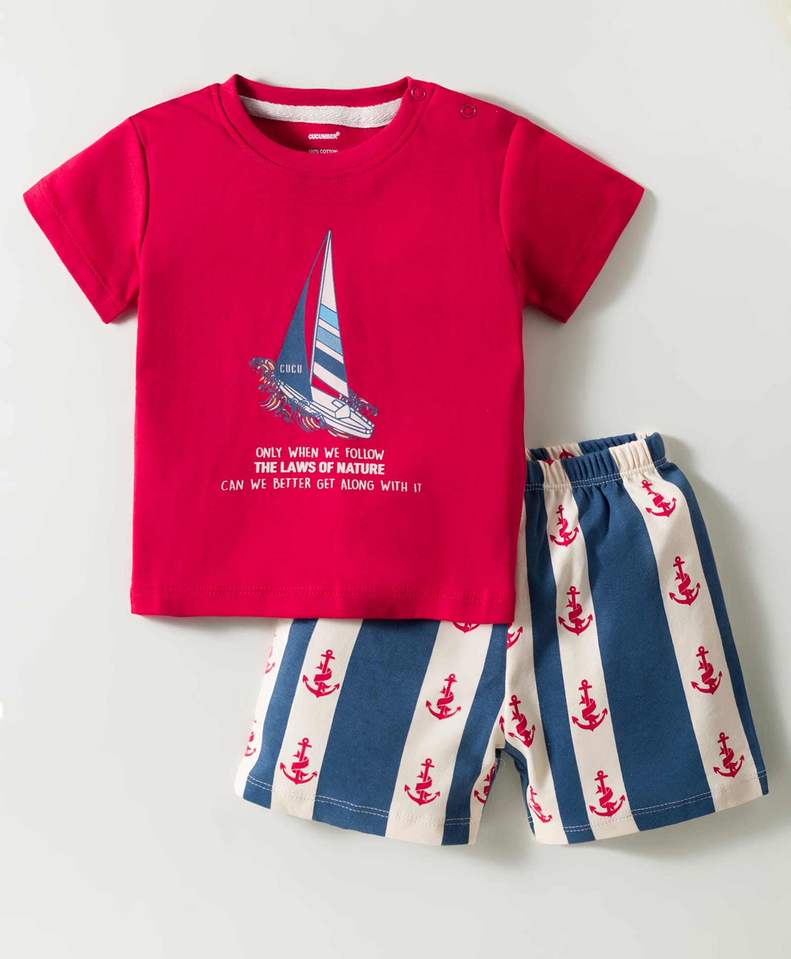 CUCUMBER Interlock Knit Half Sleeves Shorts Night Suit With Text Print - Red-image-41