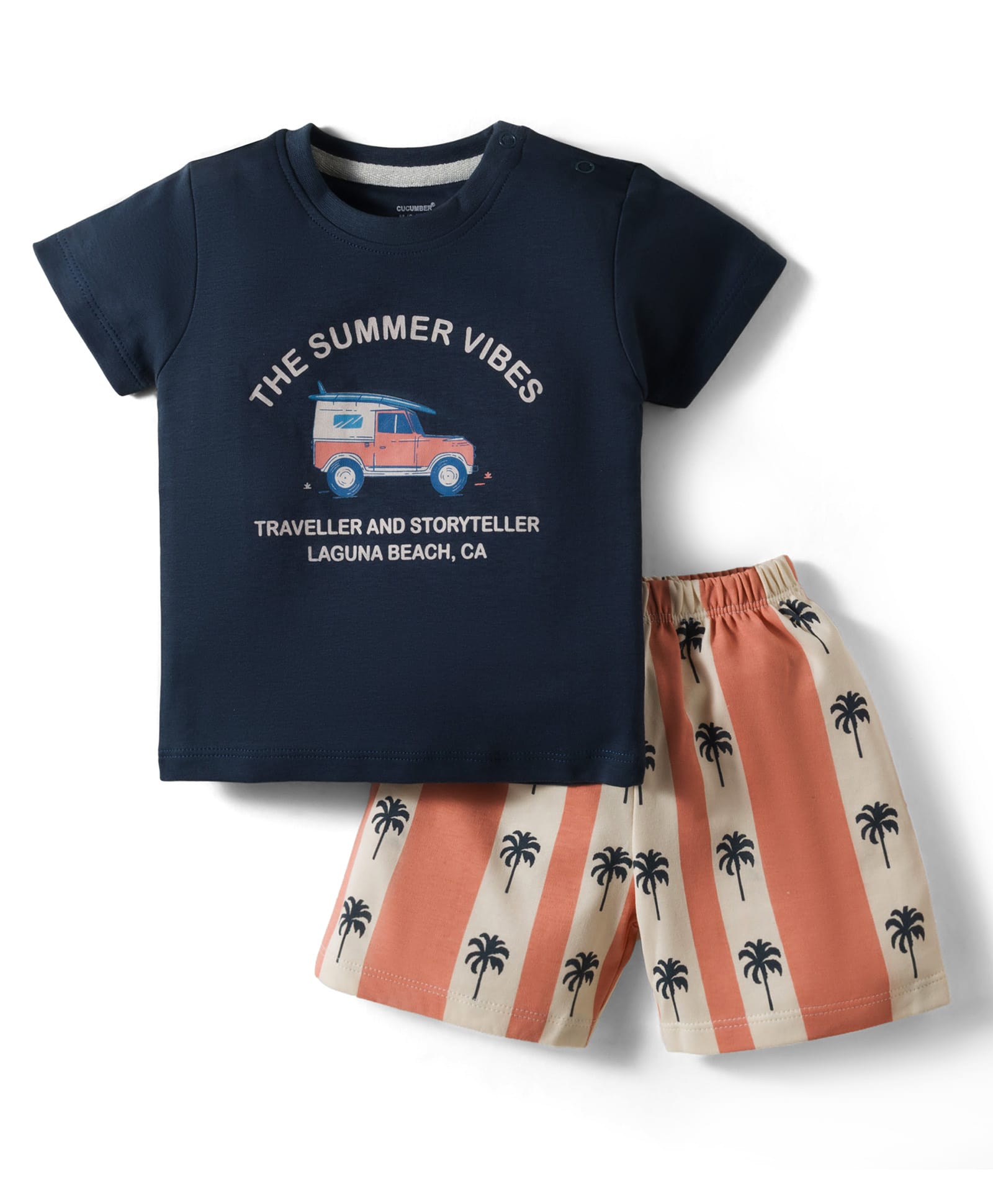 CUCUMBER Interlock Knit Half Sleeves Shorts Night Suit With Vehicle Print - Navy Blue-image-25