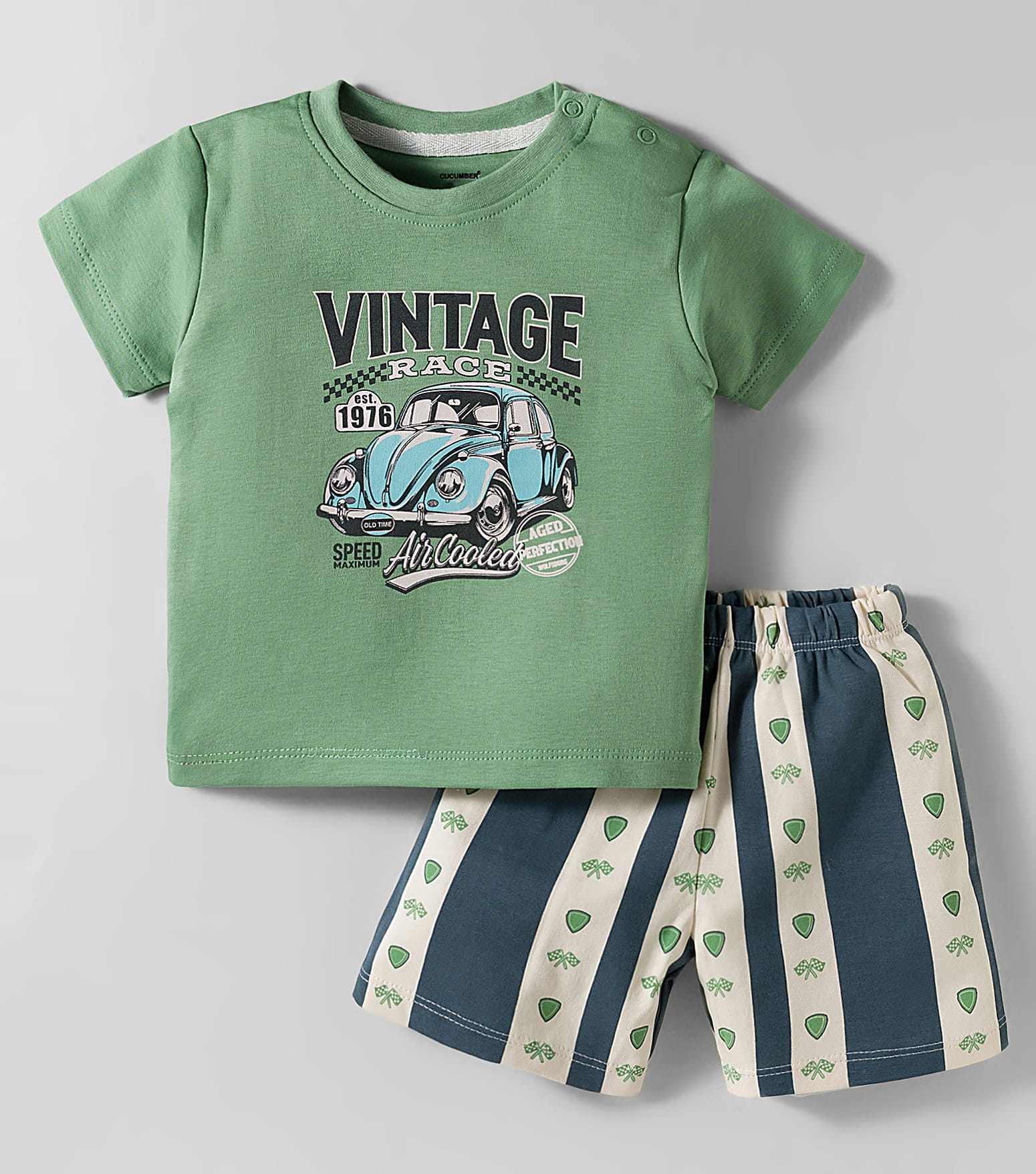 CUCUMBER Interlock Knit Half Sleeves Short Night Suit with Vehicle Print - Green-image-29