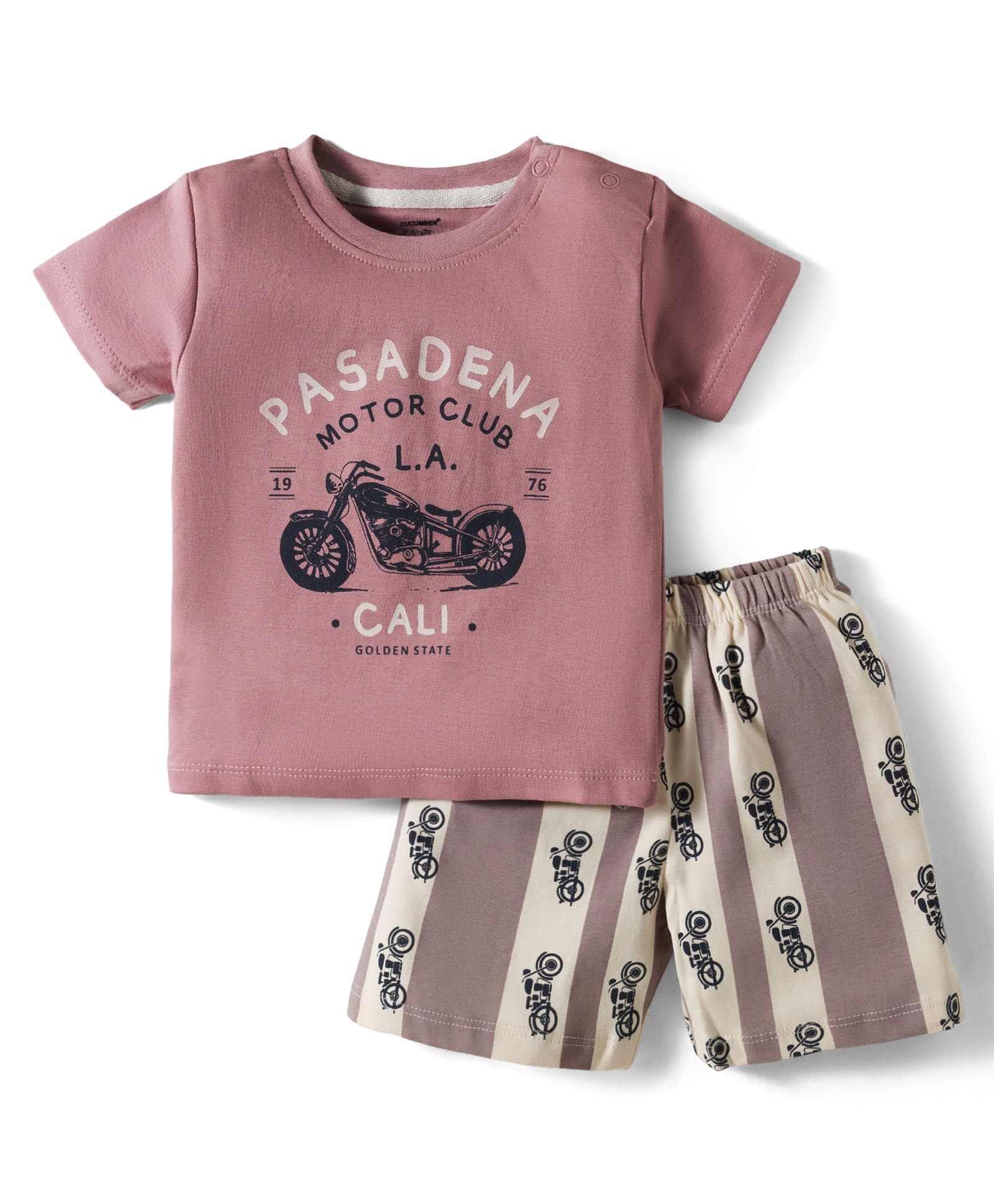 CUCUMBER Interlock Knit Half Sleeves Shorts Night Suit With Animal Embroidery - Rose Gold-picture-35