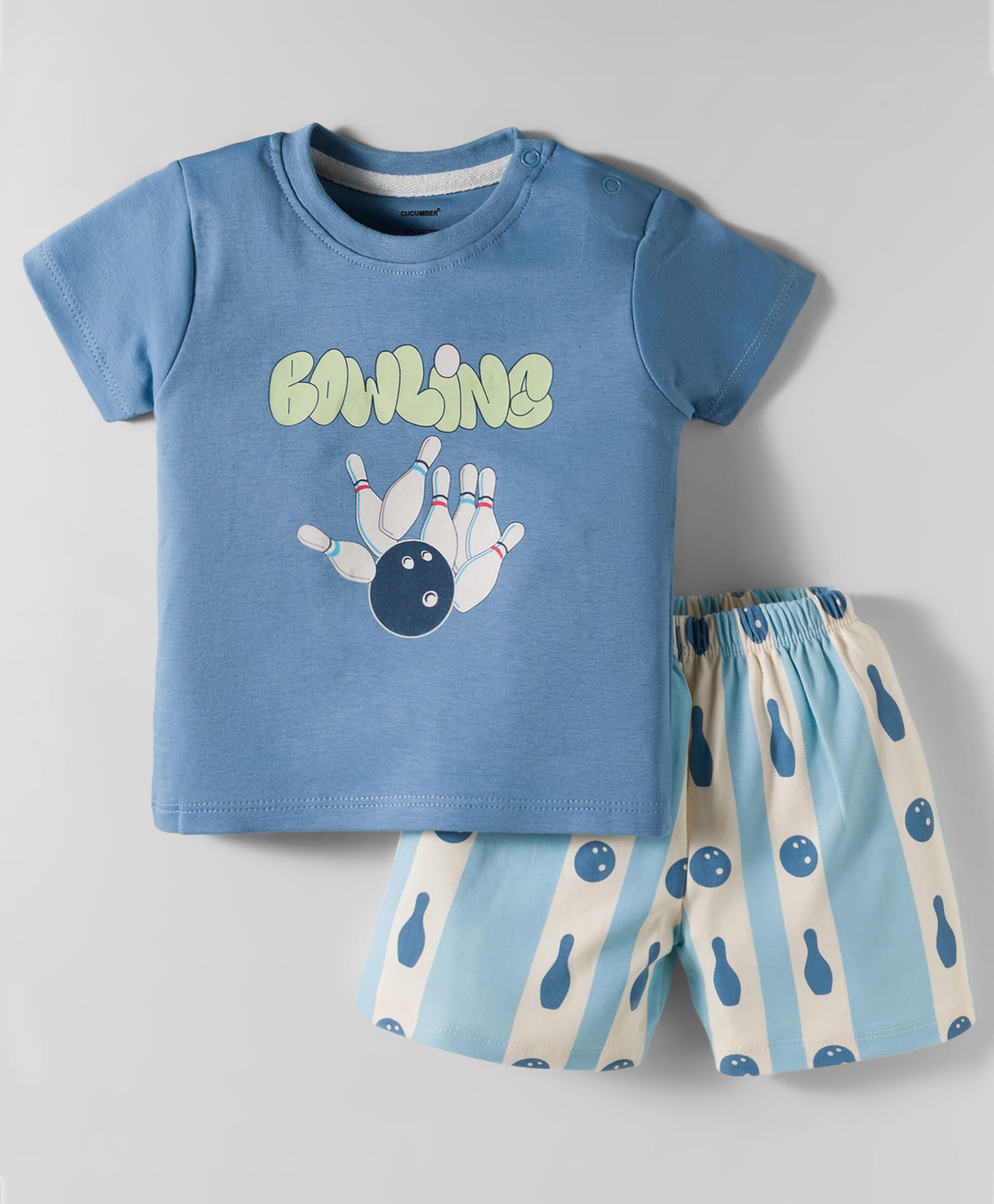 CUCUMBER Interlock Knit Half Sleeves Short Night Suit with Bowling Theme - Blue-image-30