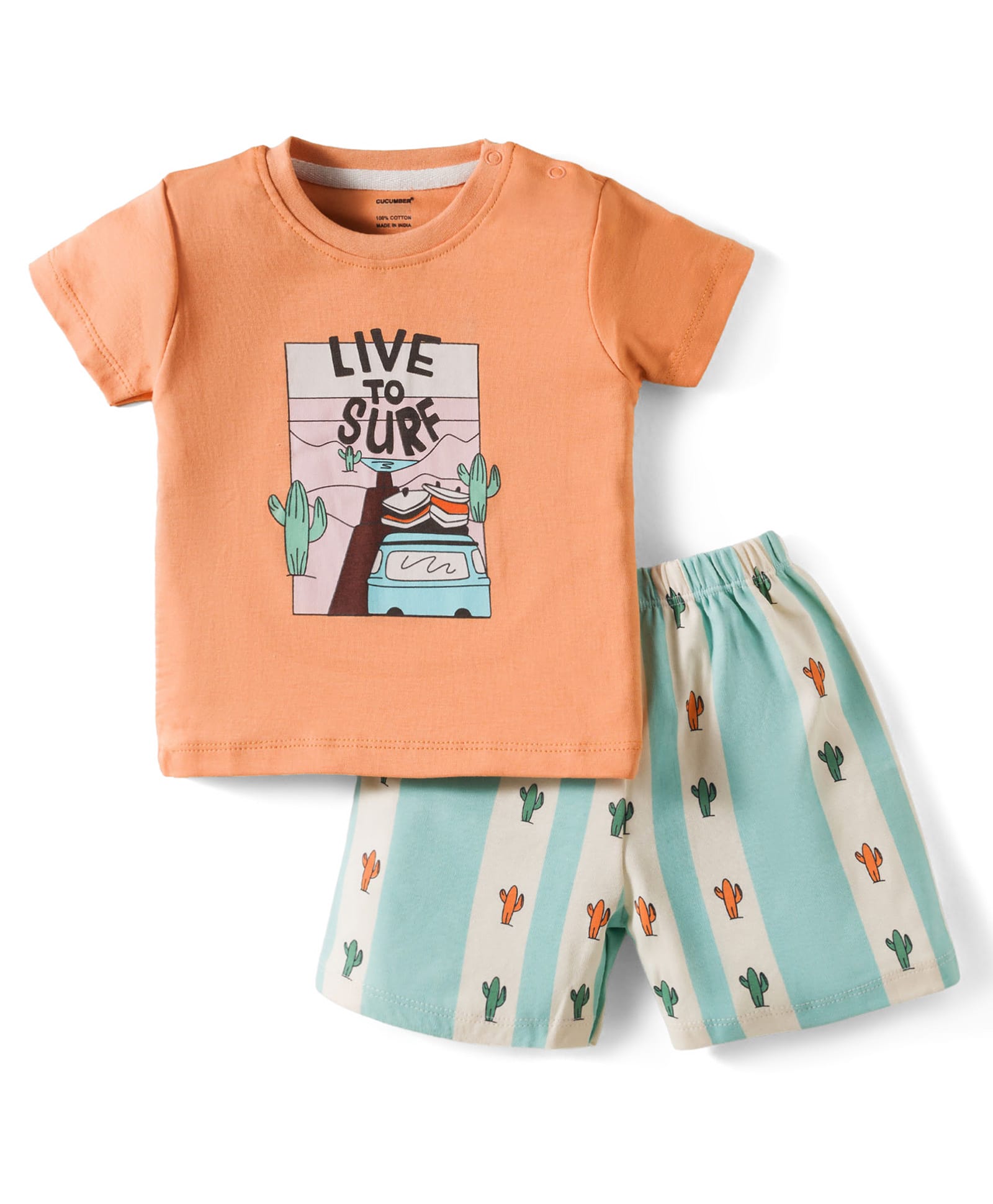 CUCUMBER Interlock Knit Half Sleeves Shorts Night Suit With Text Print - Peach-picture-27