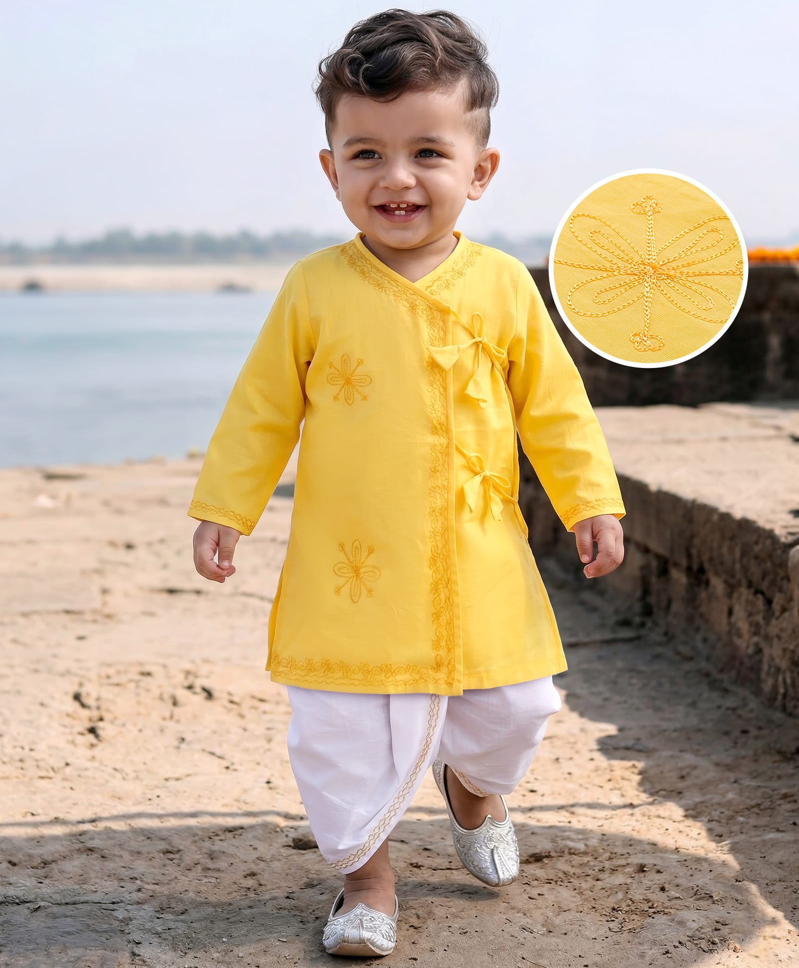 Babyhug Cambric Woven Full Sleeves Embroidered Angarakha Kurta Dhoti Set - Yellow-picture-23