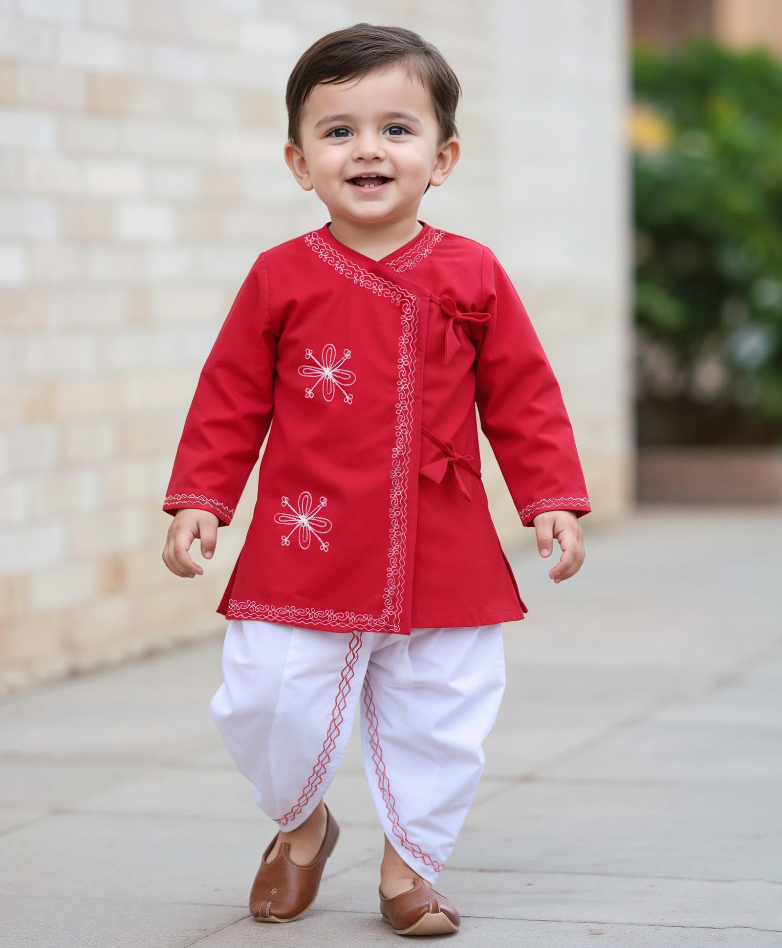 Babyhug Cambric Woven Full Sleeves Embroidered Angarakha Kurta Dhoti Set - Red-picture-14