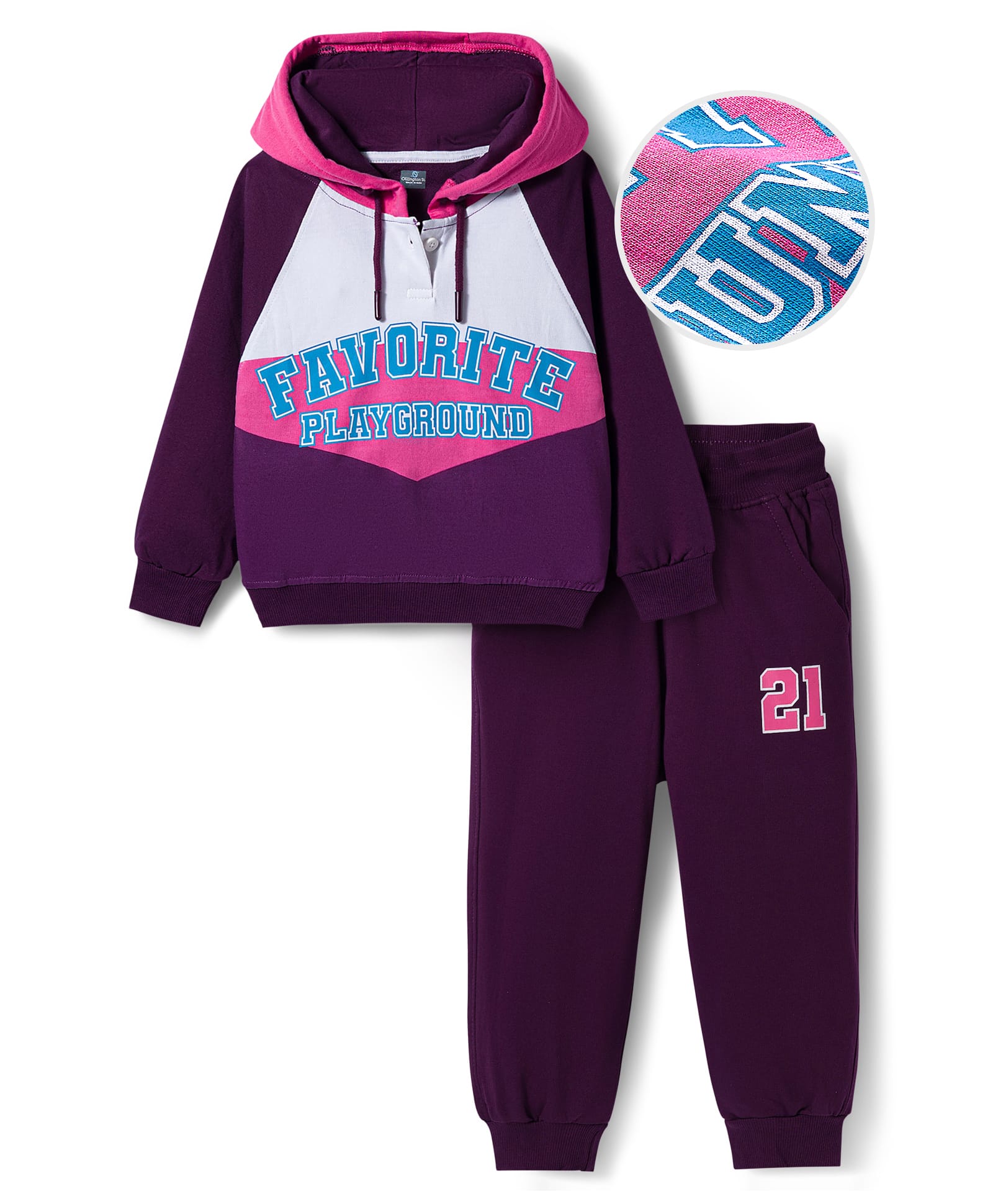 OLLINGTON ST. Cotton Knit Full Raglan Sleeves Hooded Favourite Printed Sweatshirt & Knit Joggers - Purple-image-45