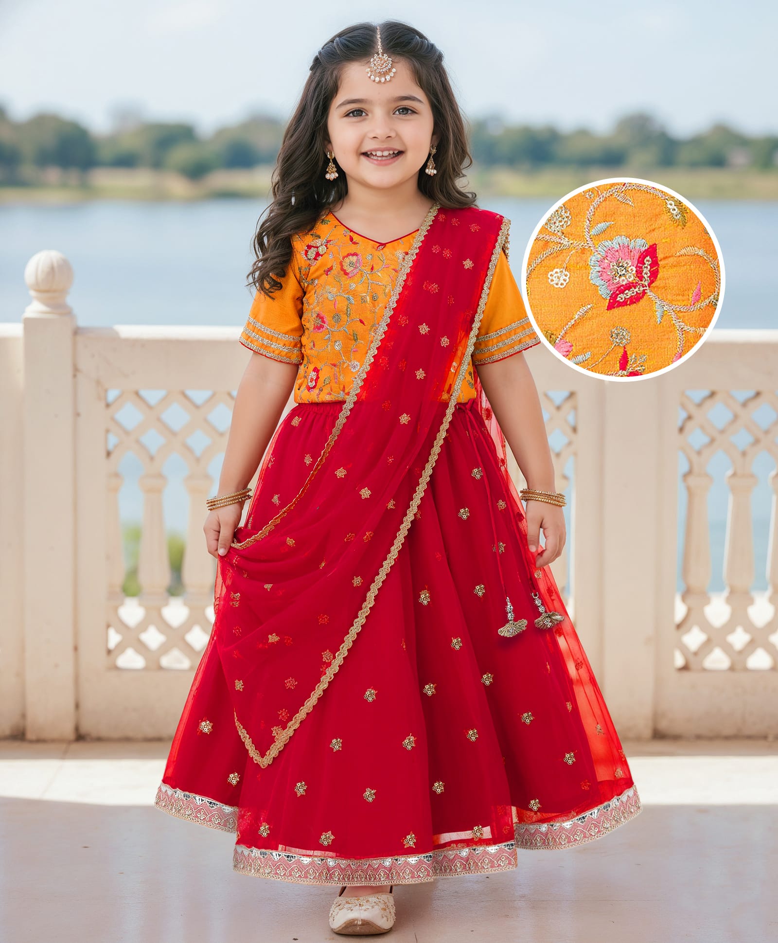 Babyhug Woven Half Sleeves Net Floral Embroidered Choli Lehenga & Dupatta Set with Floral Embroidery & Lace Detailing - Red & Mustard-image-17