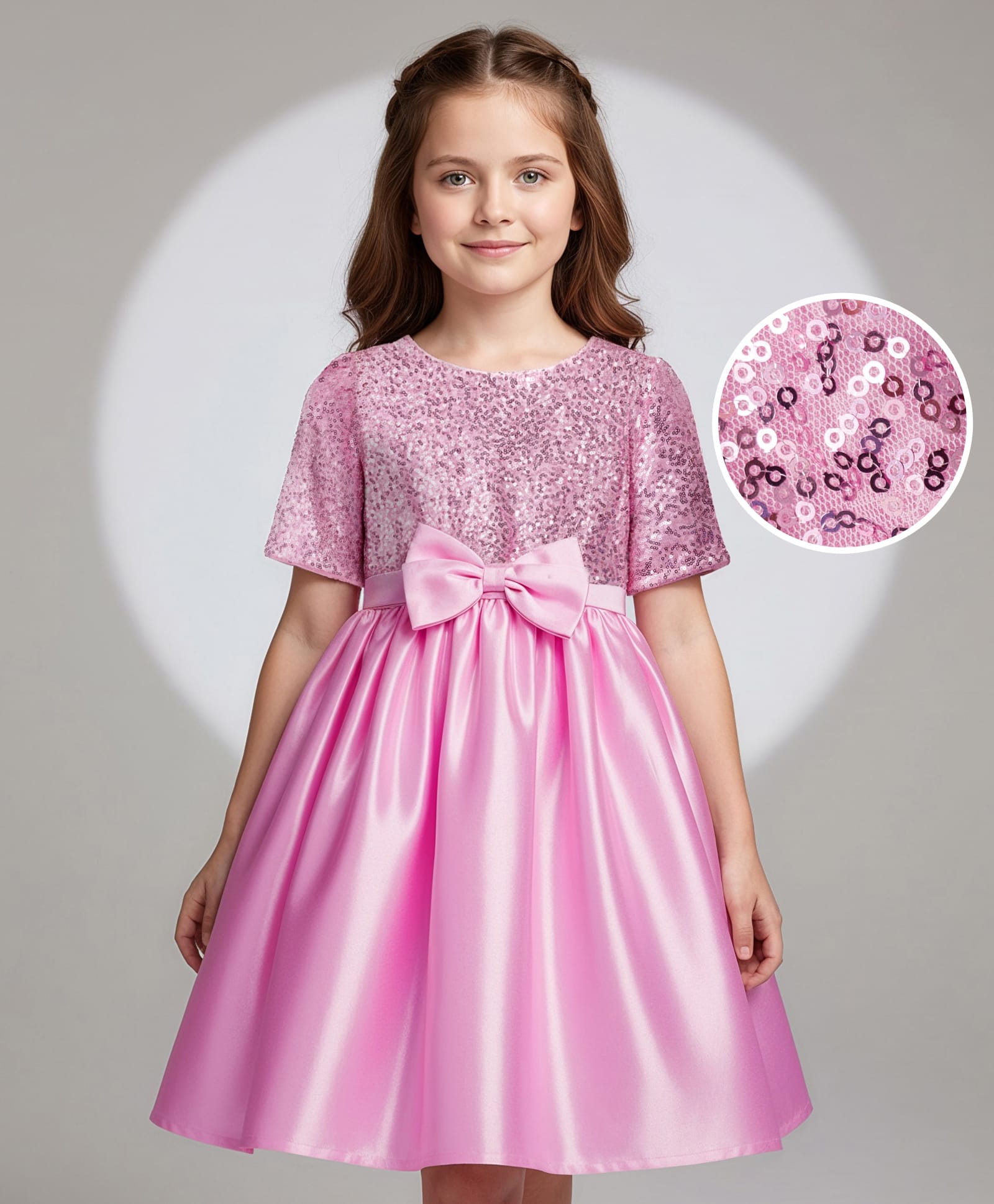 Hola Bonita Satin Woven Half Sleeves Party Dress with Sequins & Bow Applique - Pink-image-36