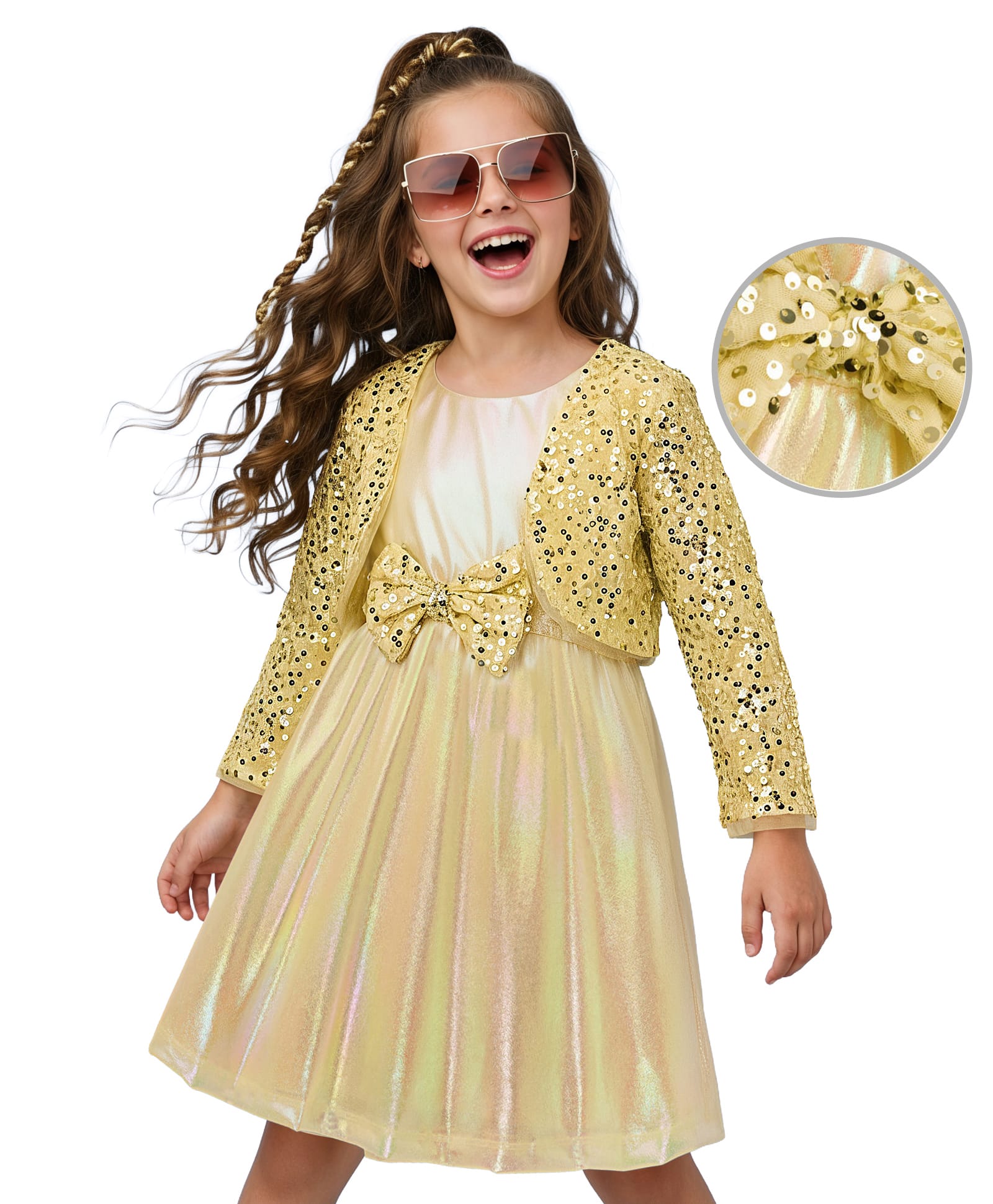 Hola Bonita Woven Shimmered Party Dress With Full Sleeves Sequinned Shrug - Yellow-image-29