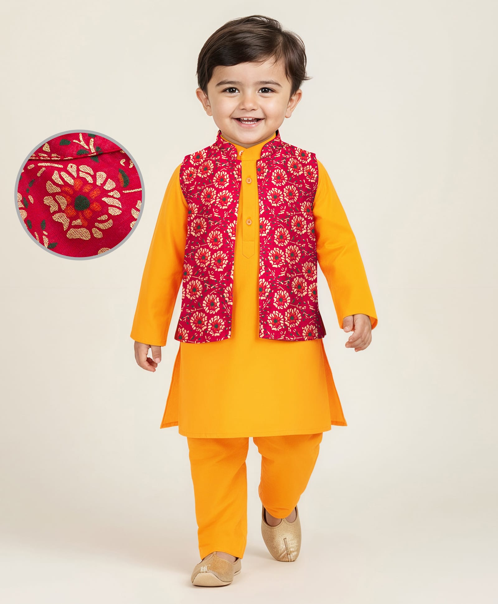 EARTHY TOUCH Woven Full Sleeves Kurta Pajama with Floral Printed Nehru Jacket - Yellow-picture-21