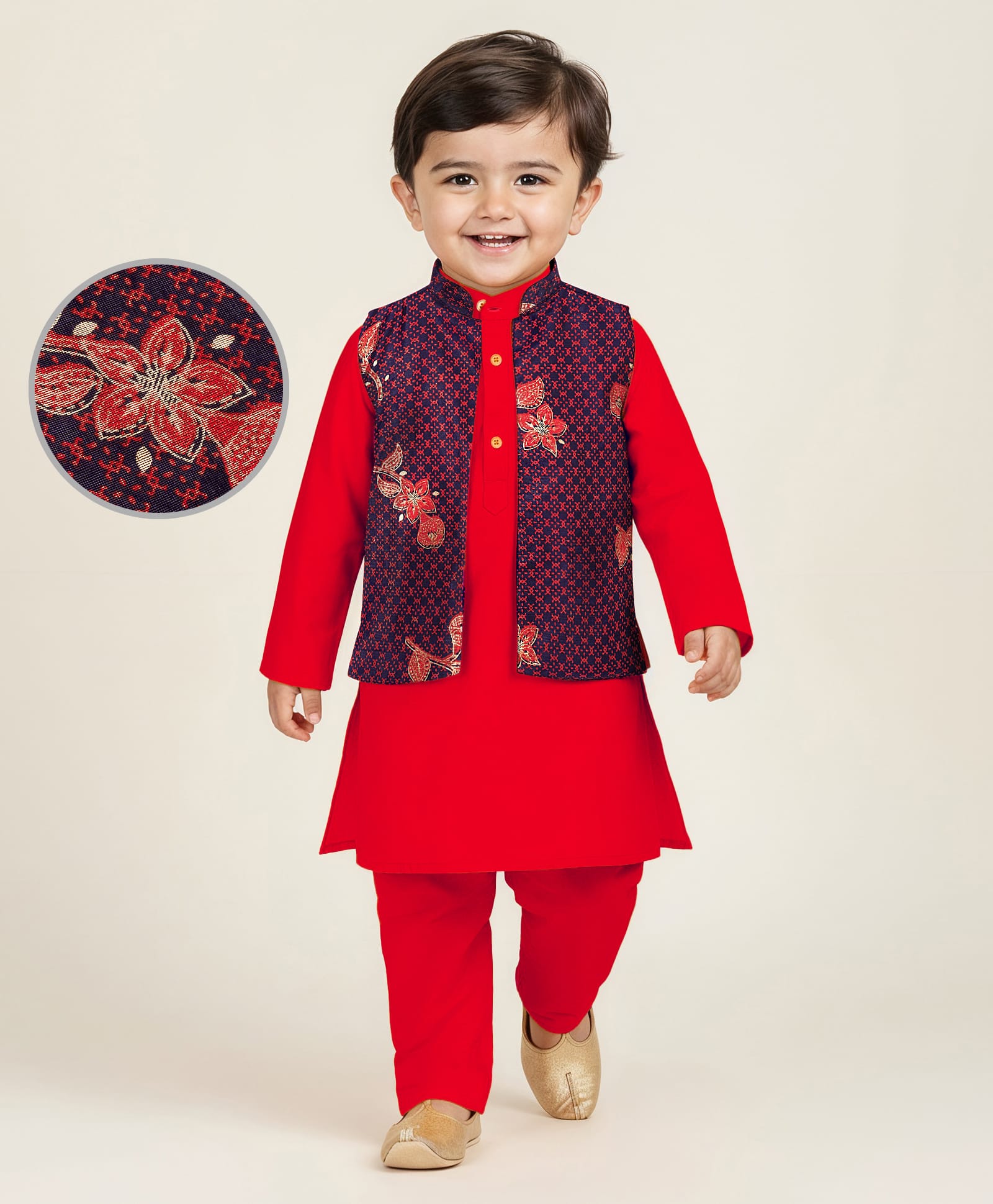 EARTHY TOUCH Woven Full Sleeves Kurta Pajama & Floral Print Jacket Set - Red-image-16