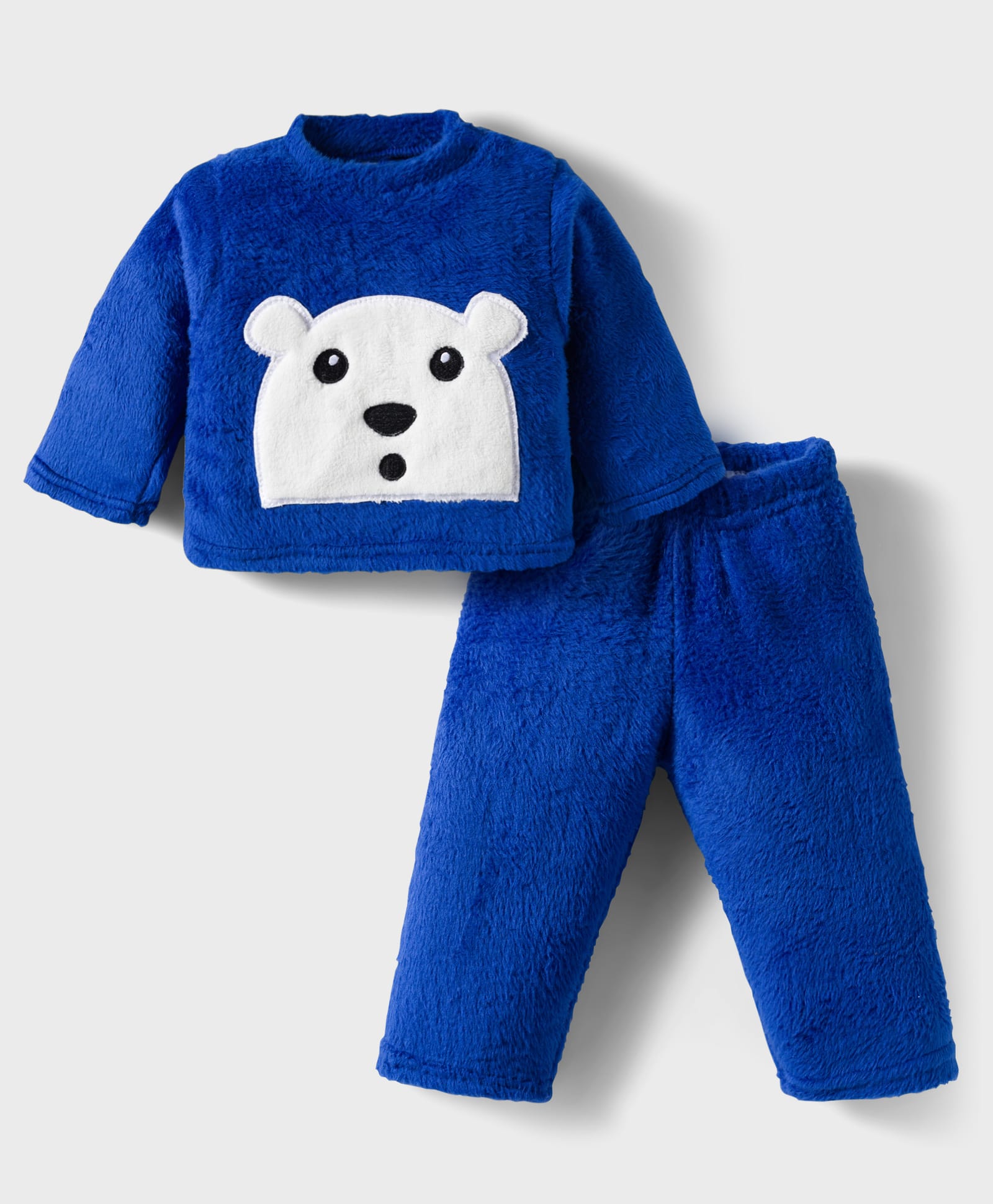 Babyhug Velour Knit Full Sleeves Winter Wear Night Suit With Bear Embriodery - Blue