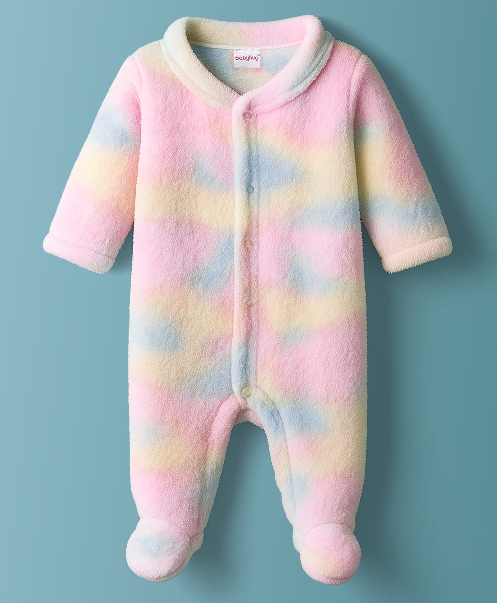 Babyhug Velour Knit Full Sleeves Footed Sleepsuit With Tie Dye Print - Multicolour