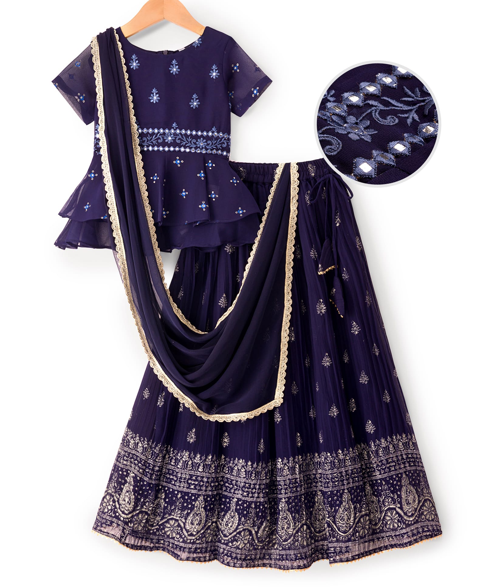 Pine Kids Woven Half Sleeves Choli Lehenga & Dupatta Set With Floral & Mirror Embroidery - Navy Blue-picture-15