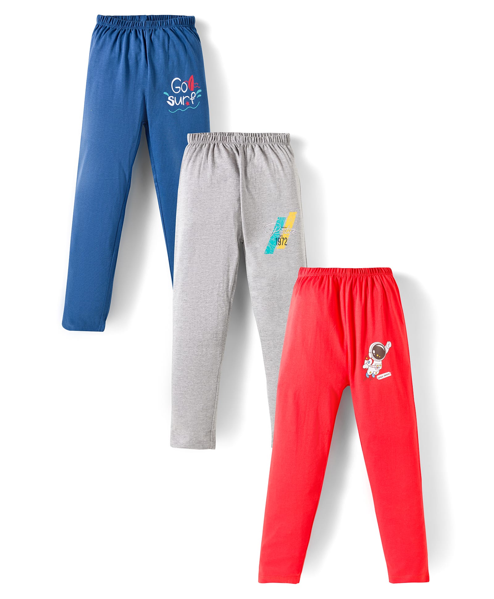 OHMS Single Jersey Knit Full Length Astronaut & Text Printed Lounge Pants Pack of 3 - Red Blue & Light Grey-picture-23