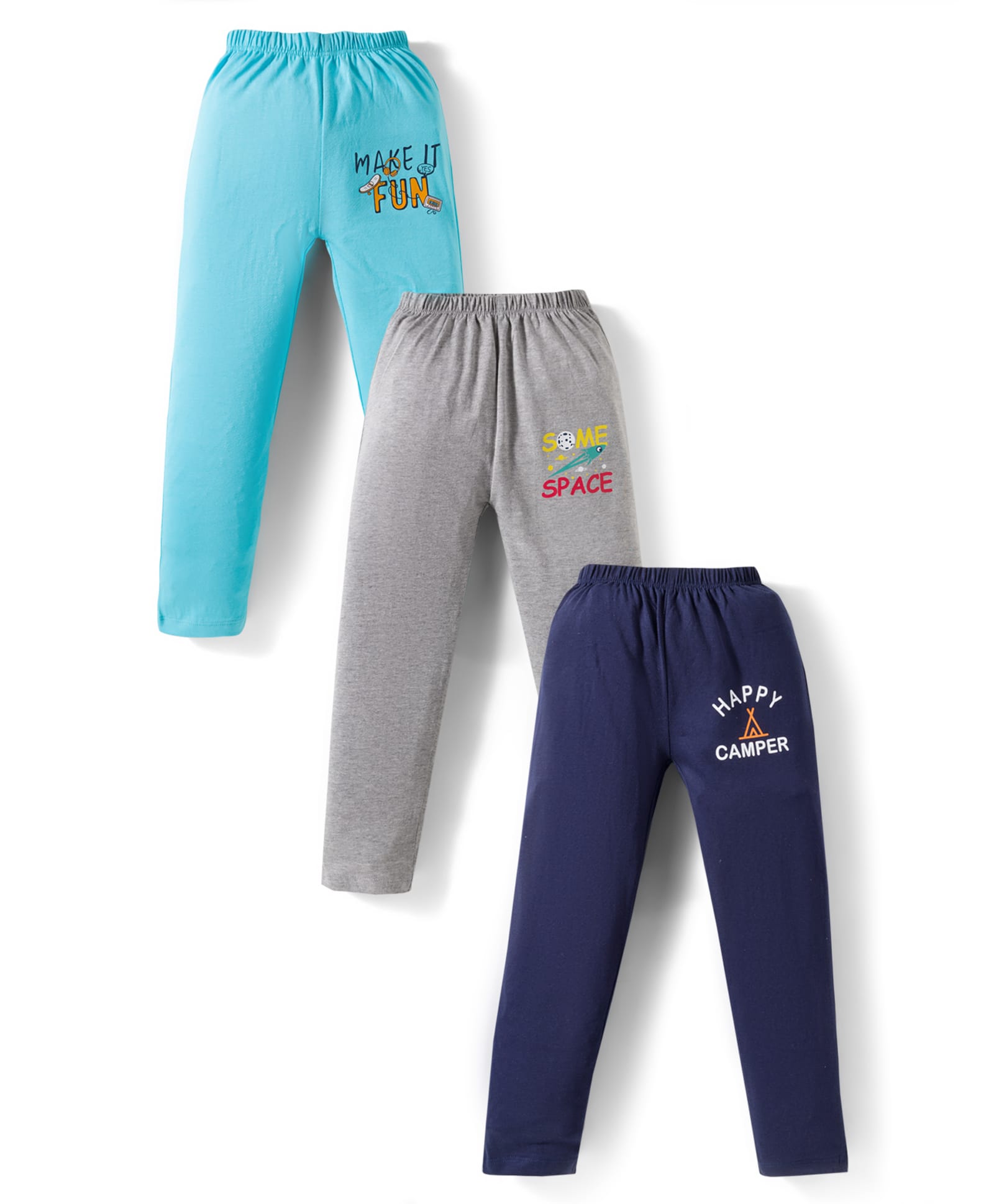 OHMS Single Jersey Knit Full Length Lounge Pants with Text Print Pack of 3 - Light Blue Navy Blue & Light Grey