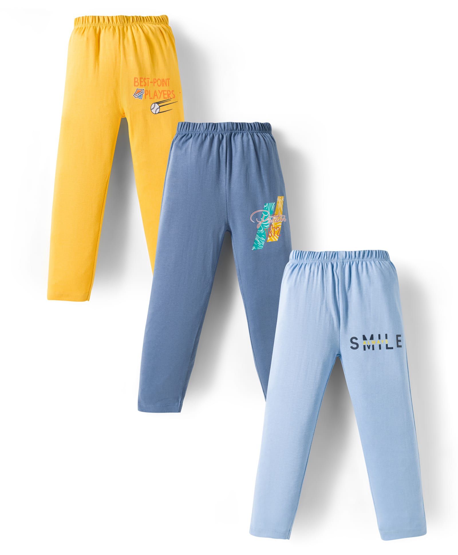 OHMS Single Jersey Knit Full Length Text Printed Lounge Pants Pack of 3 - Yellow Light & Medium Blue-image-11
