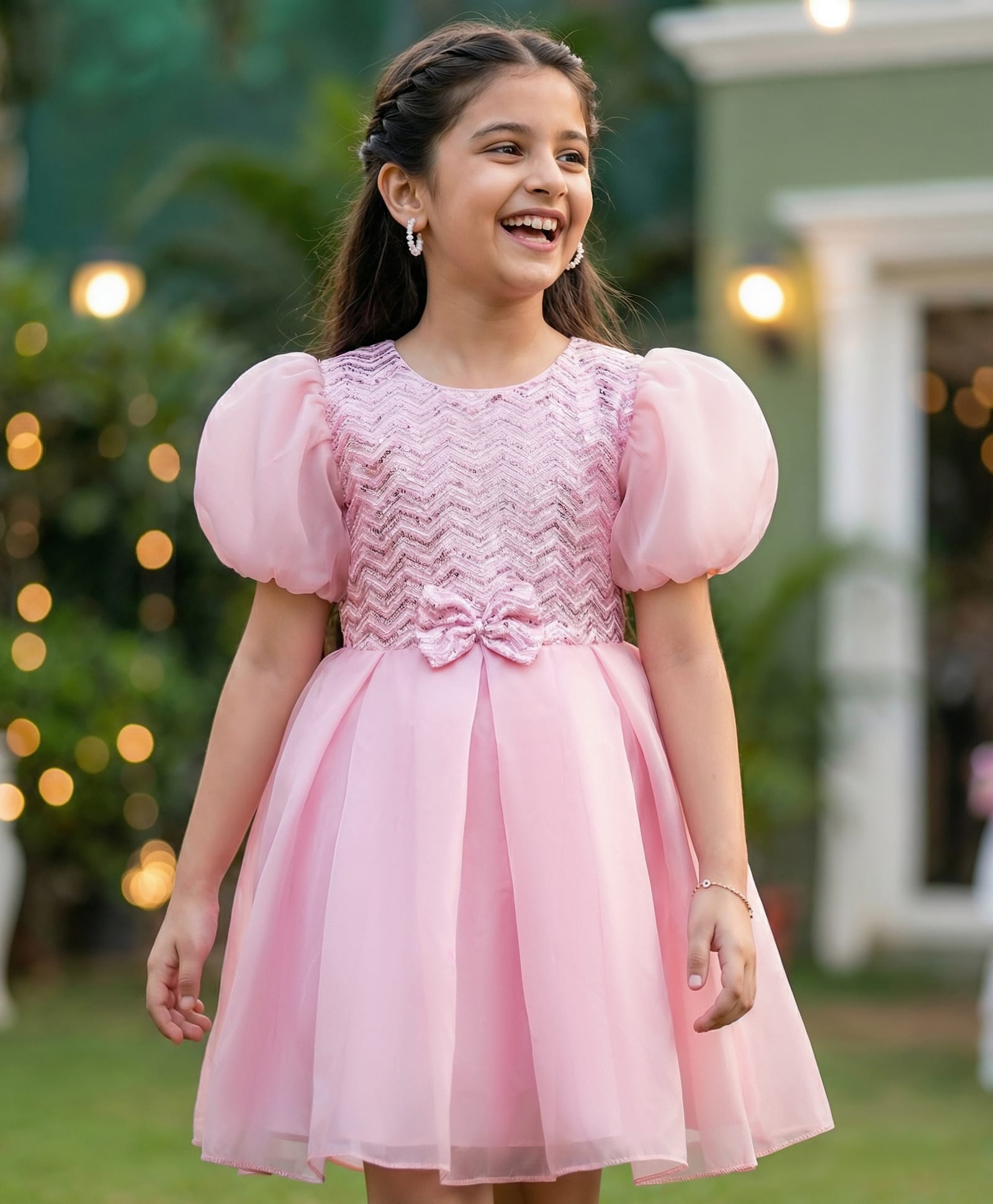 Pine Kids Woven Half Sleeves Party Dress With Sequin & Bow Applique - Pink-image-44