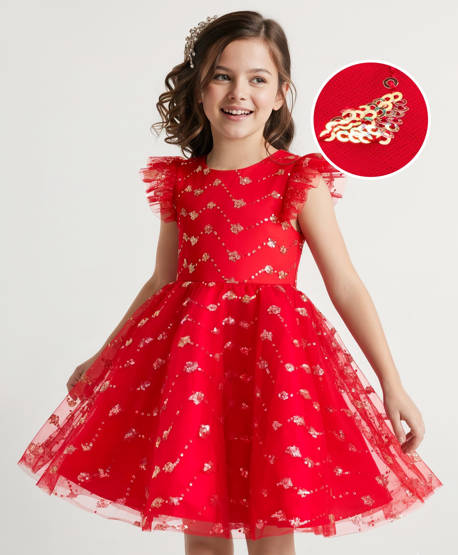 Pine Kids Woven Frill Sleeves Party Dress with Sequin Embroidery - Red-image-32