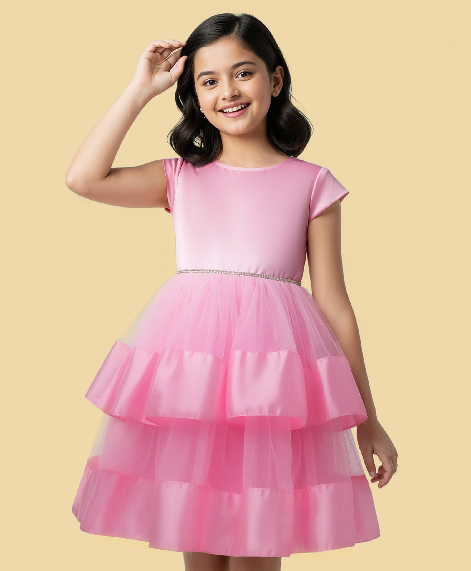 Pine Kids Woven Cap Sleeves Solid Layered Party Dress - Pink-picture-12