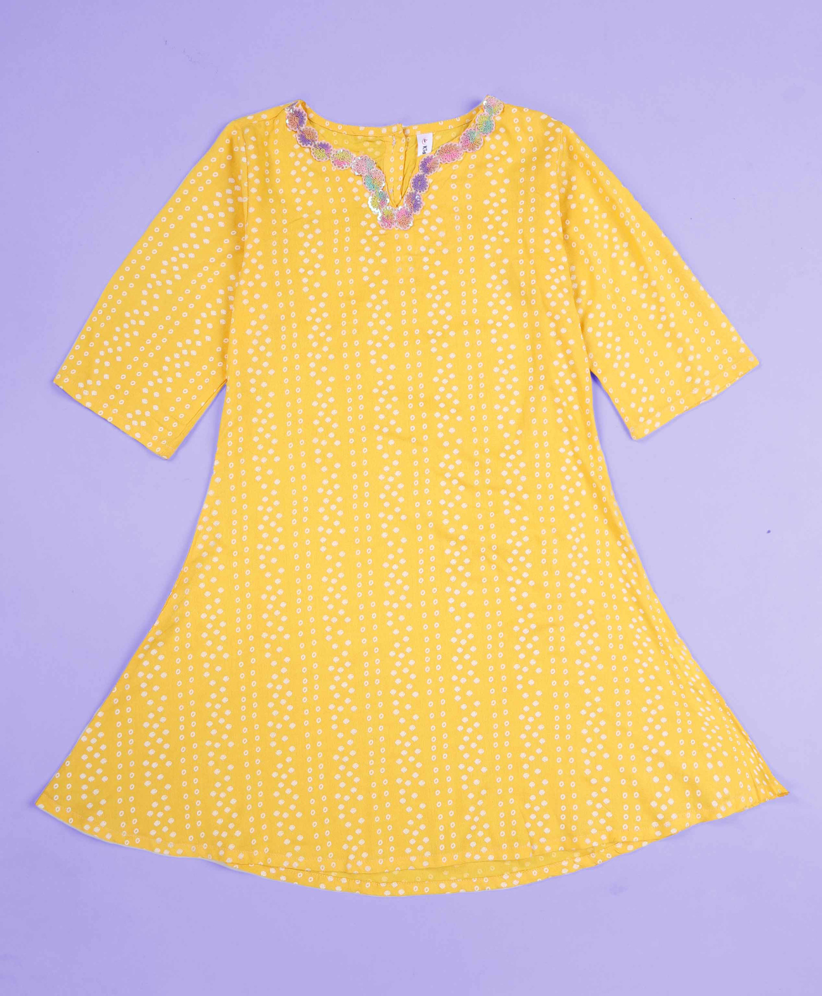 Kiddopanti Rayon Woven Three Fourth Sleeves Bandhani Printed Floral Lace Embellished Kurti - Yellow-image-23