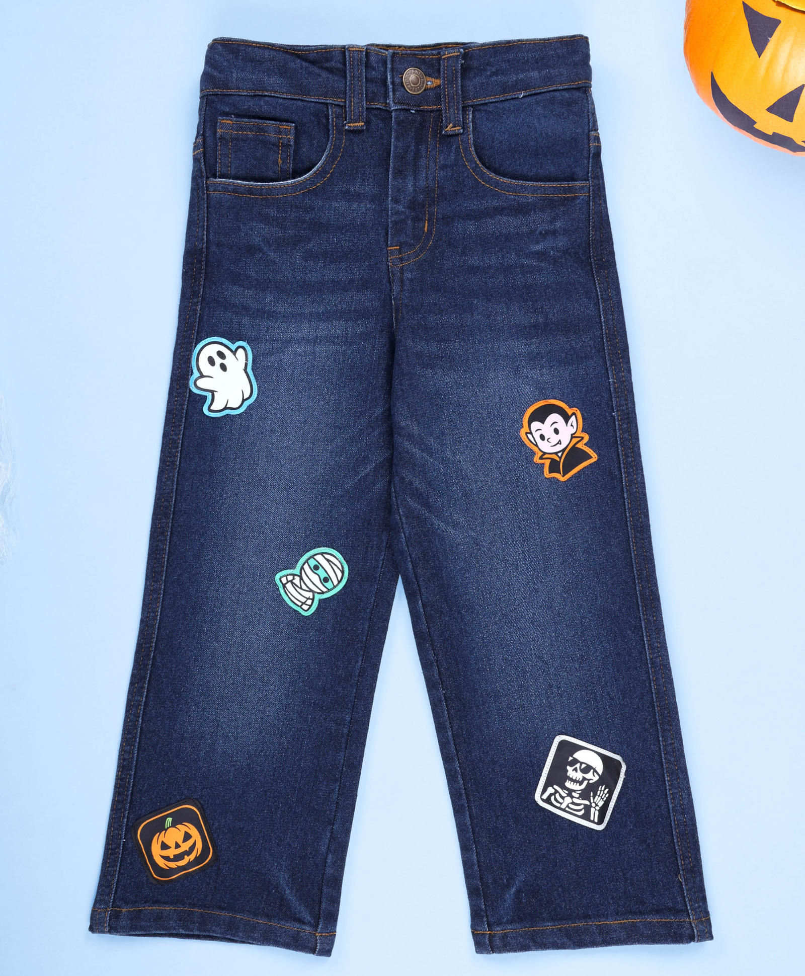 Kiddopanti Denim Woven Ghost & Vampire Patch Detailed Straight Fit Jeans - Blue-image-46