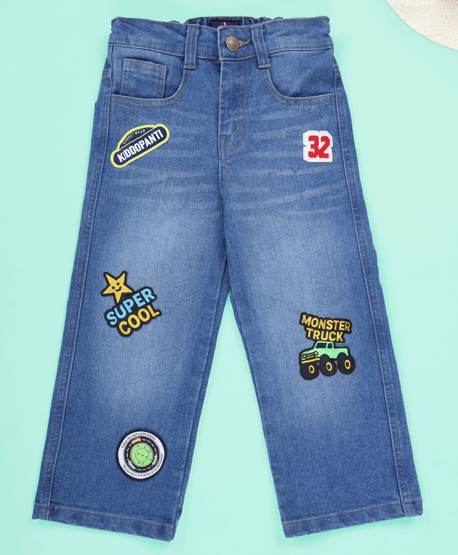 Kiddopanti Denim Woven Super Cool Text Patch Detailed Mild Wash Straight Fit Jeans - Blue-picture-26