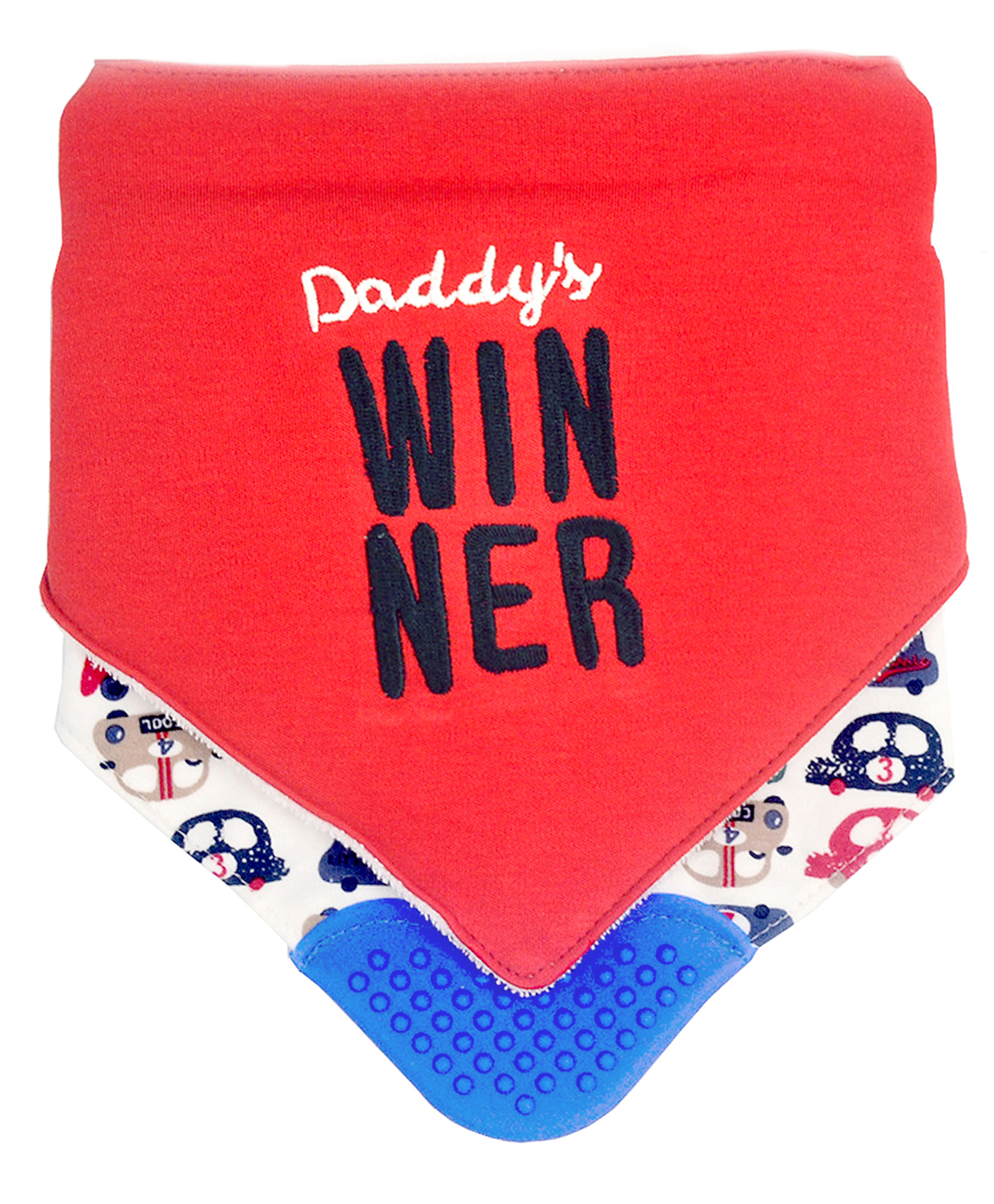 Little Surprise Box Premium Bib with Silicone Teether Flap & adjustable snap button Closure Winner Print Pack Of 2 - Red - Blue-image-24