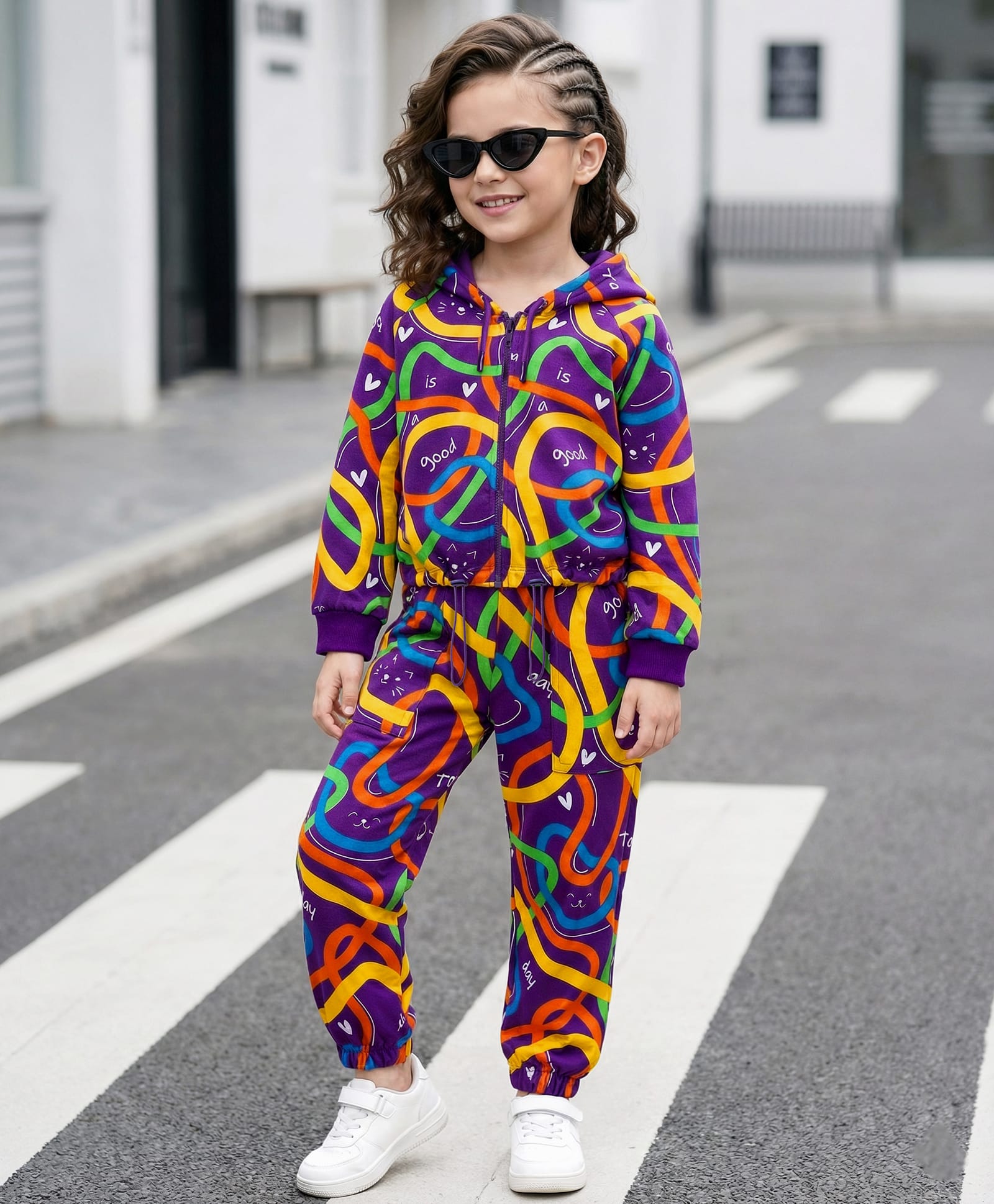OLLINGTON ST. 100% Cotton Knit Full Sleeves Printed Hoodie & Joggers Co-Ord Set - Purple & Yellow-picture-31
