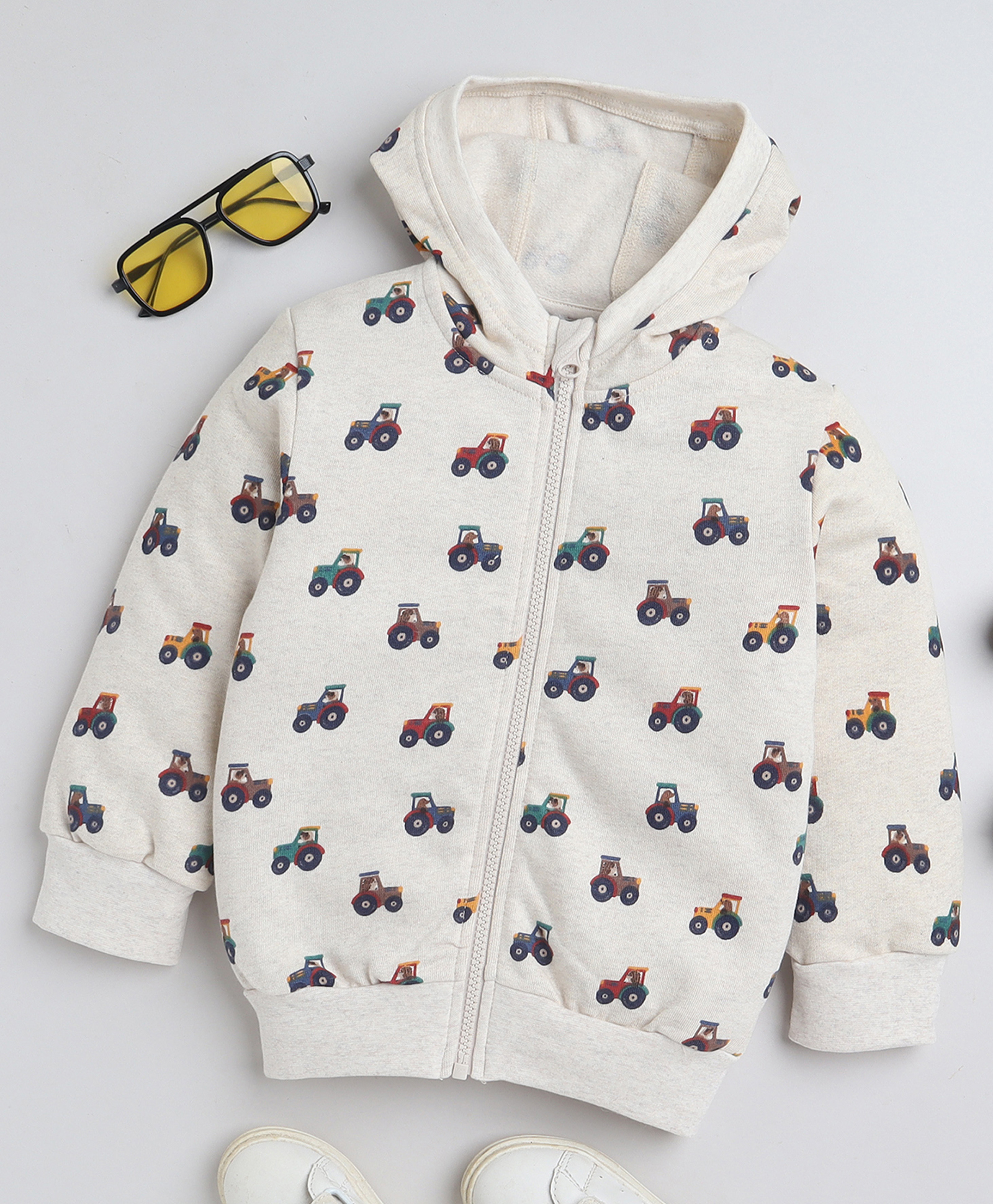 BABY NATION Knitted Knit Full Sleeves Tractor Printed Hooded Light Winter Sweatshirt - Cream-picture-45