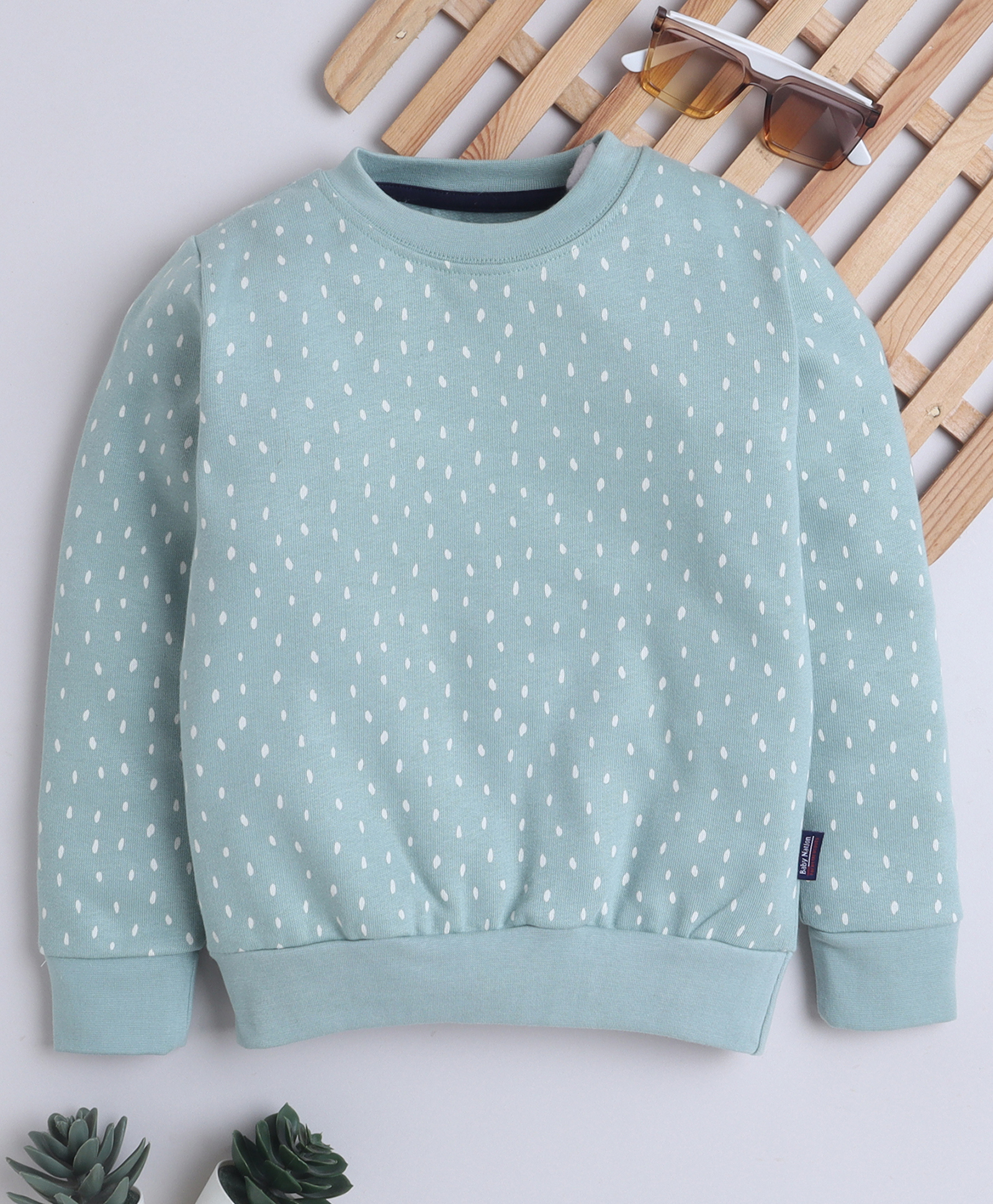 BABY NATION Knitted Knit Full Sleeves Dots Printed Light Winter Sweatshirt - Green-image-32