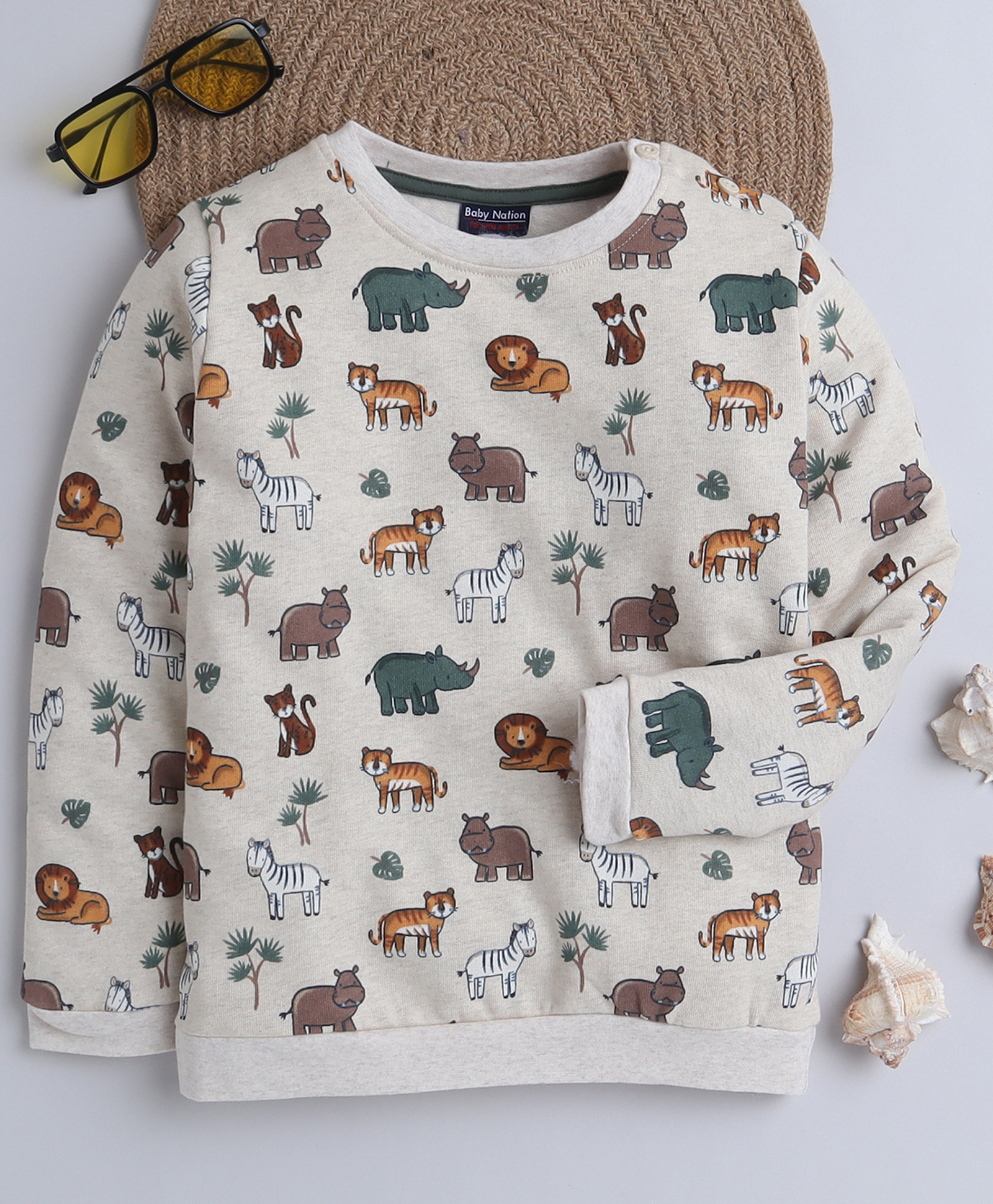 BABY NATION Knitted Knit Full Sleeves Wild Animals Printed Light Winter Sweatshirt - Crème-picture-12