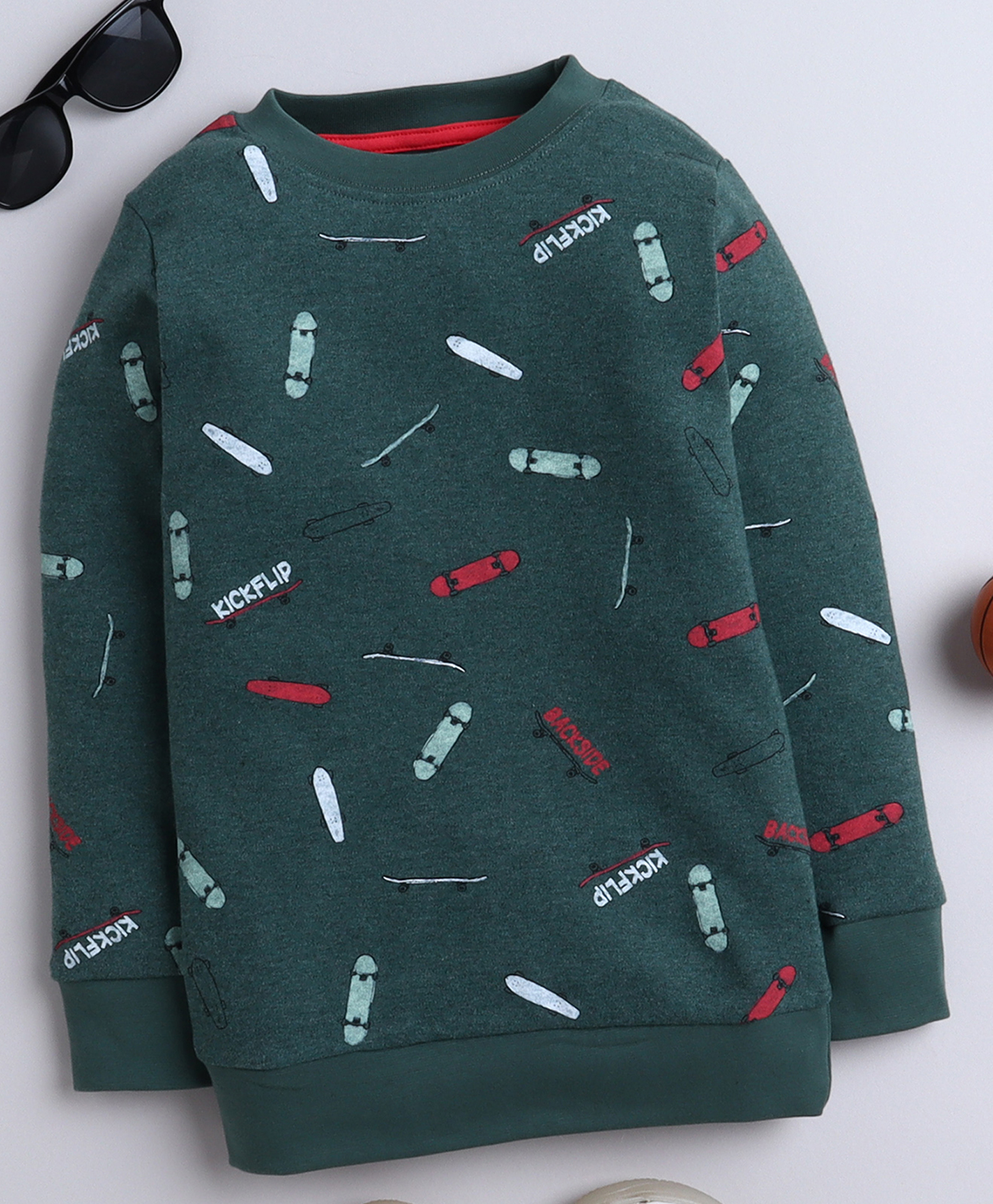 BABY NATION Knitted Knit Full Sleeves Skate Board Printed Light Winter Sweatshirt - Dark Green-picture-12