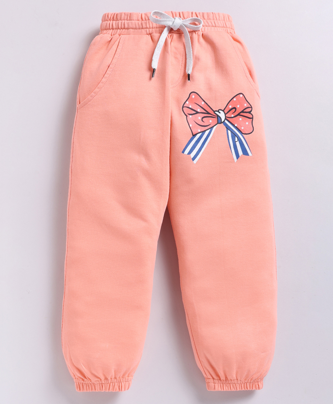 Kidcity Cotton Knit Bow Printed Joggers - Peach-picture-16