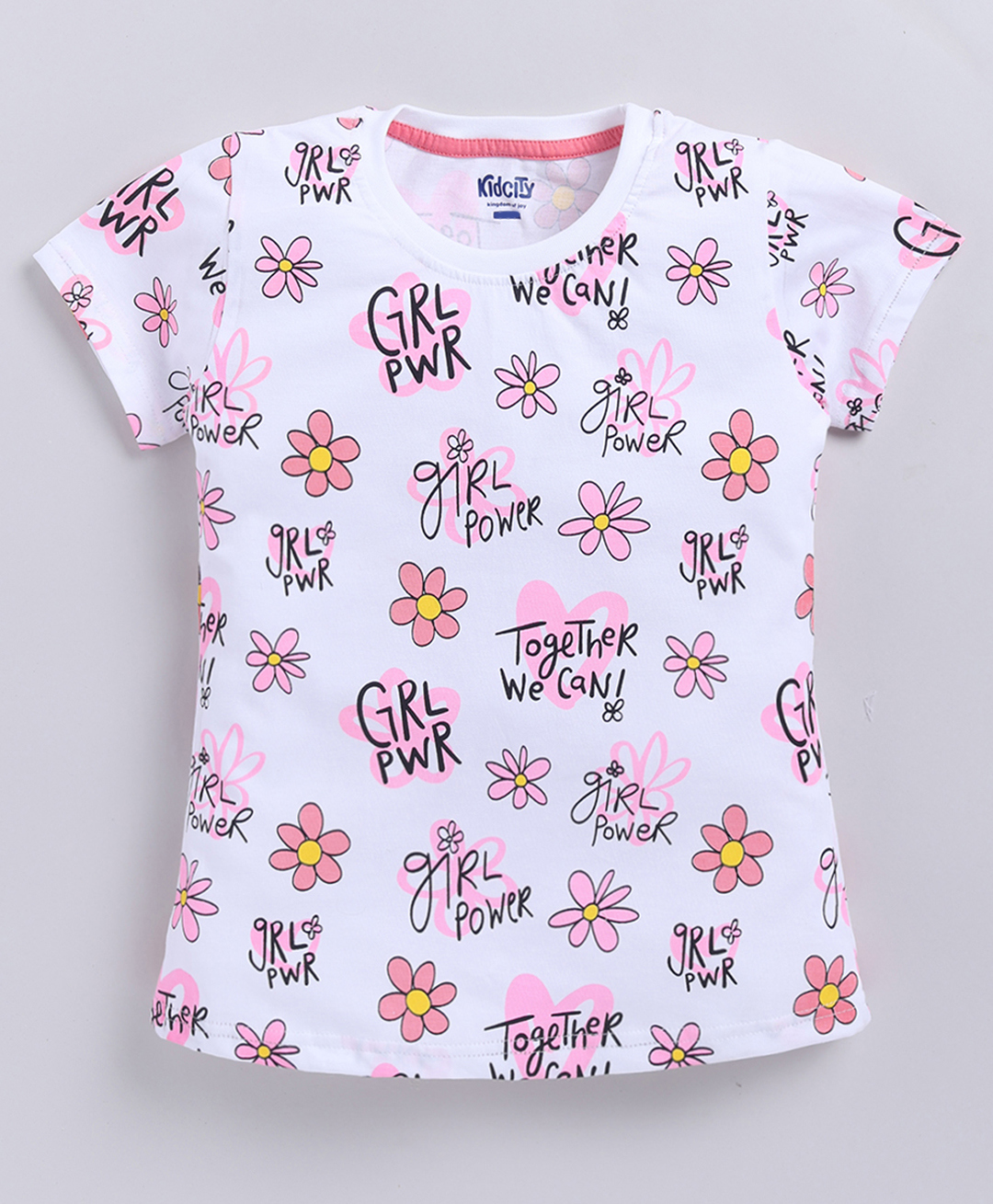 Kidcity Cotton Knit Half Sleeves Floral & Girl Power Text Printed Top - White-picture-18