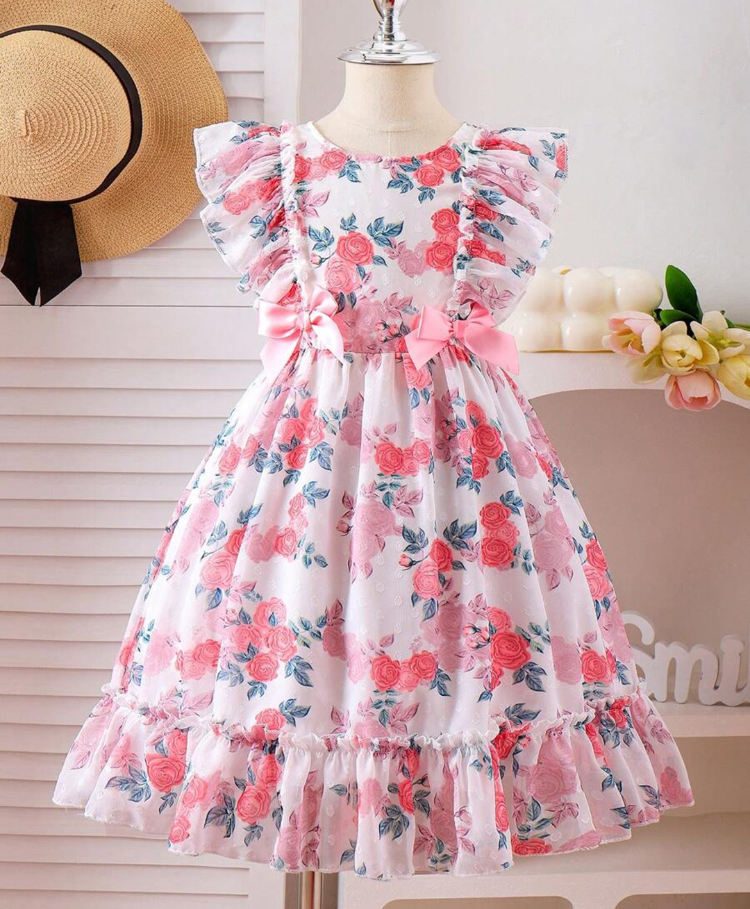 tior Georgette Woven Sleeveless Floral Printed Bow Applique Detailed Dress - Pink-picture-18