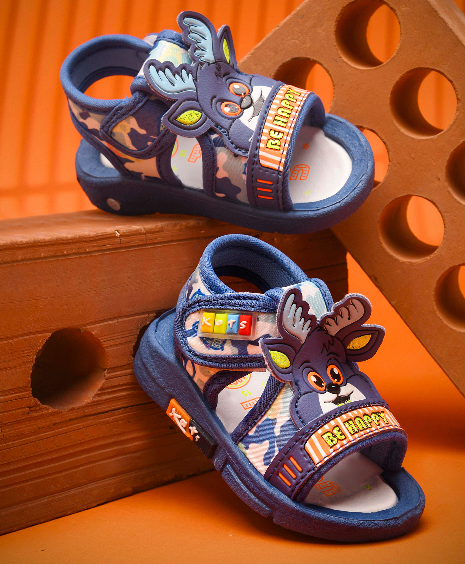 KATS Animal & Be Happy Text Patch Applique Musical Velcro Closure Sandals - Sky Blue-image-46