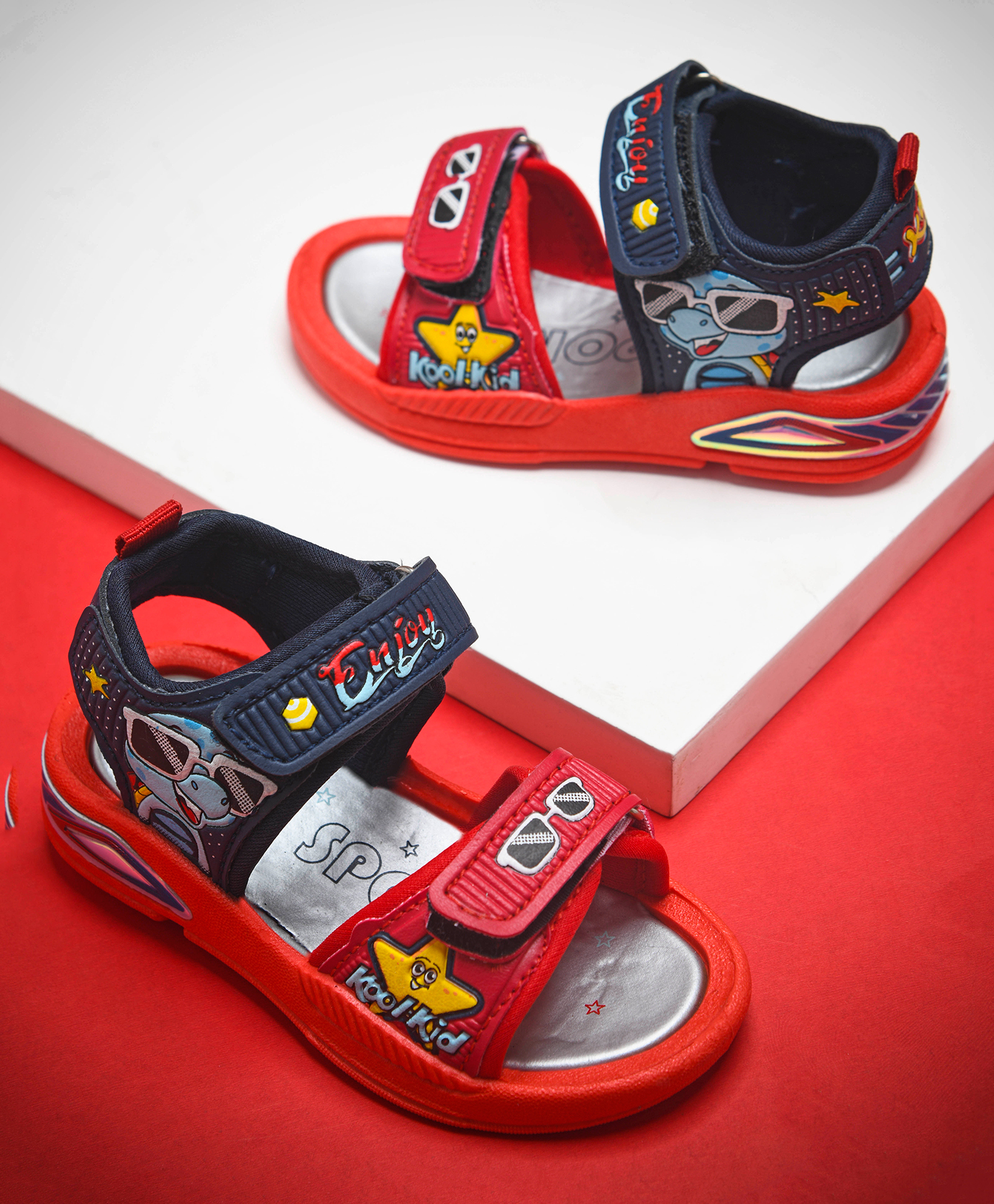 KATS Glasses & Enjoy Text Designed Musical Velcro Closure Sandals - Red-image-26