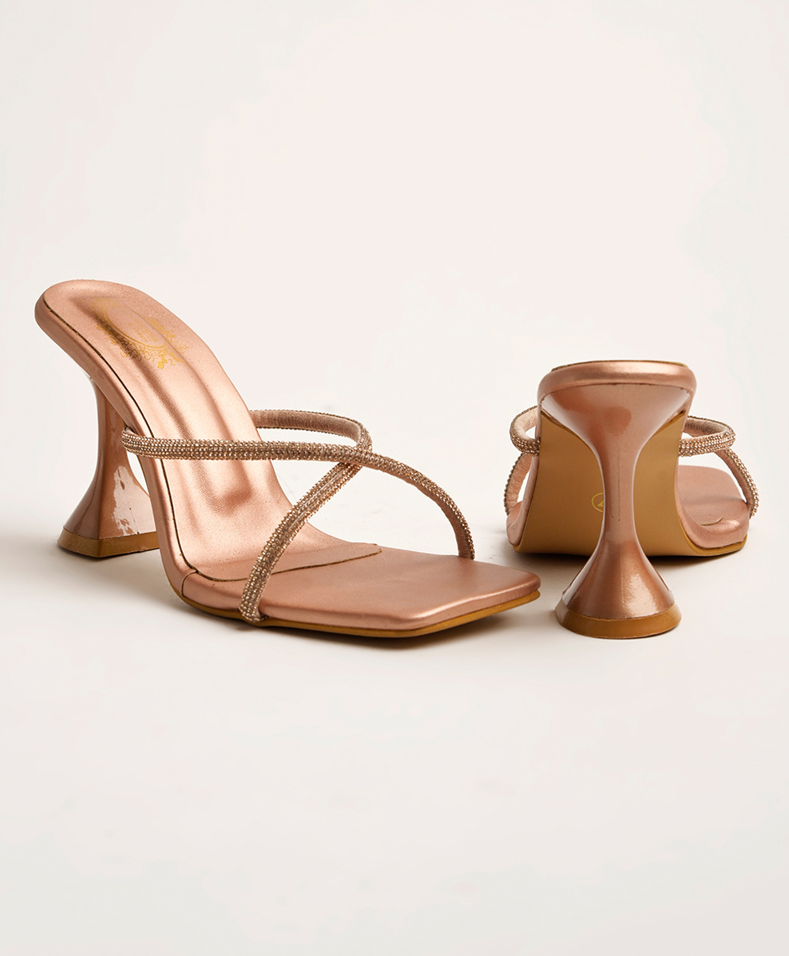Shoetopia Stones Embellished Slip On Spool Heels Sandals - Rose - Gold-image-3