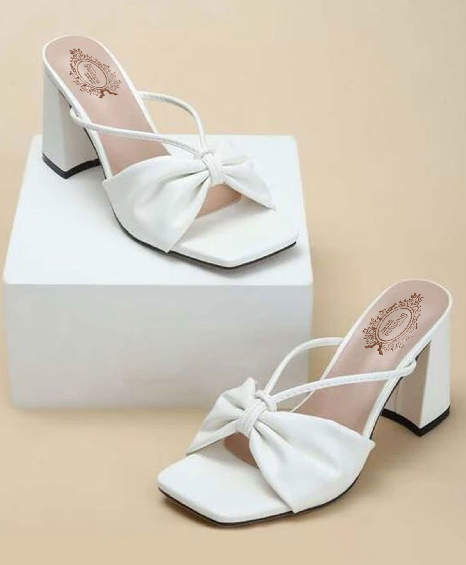 Shoetopia Bow Designed Strap Slip On Closure Block Heels - White-image-16