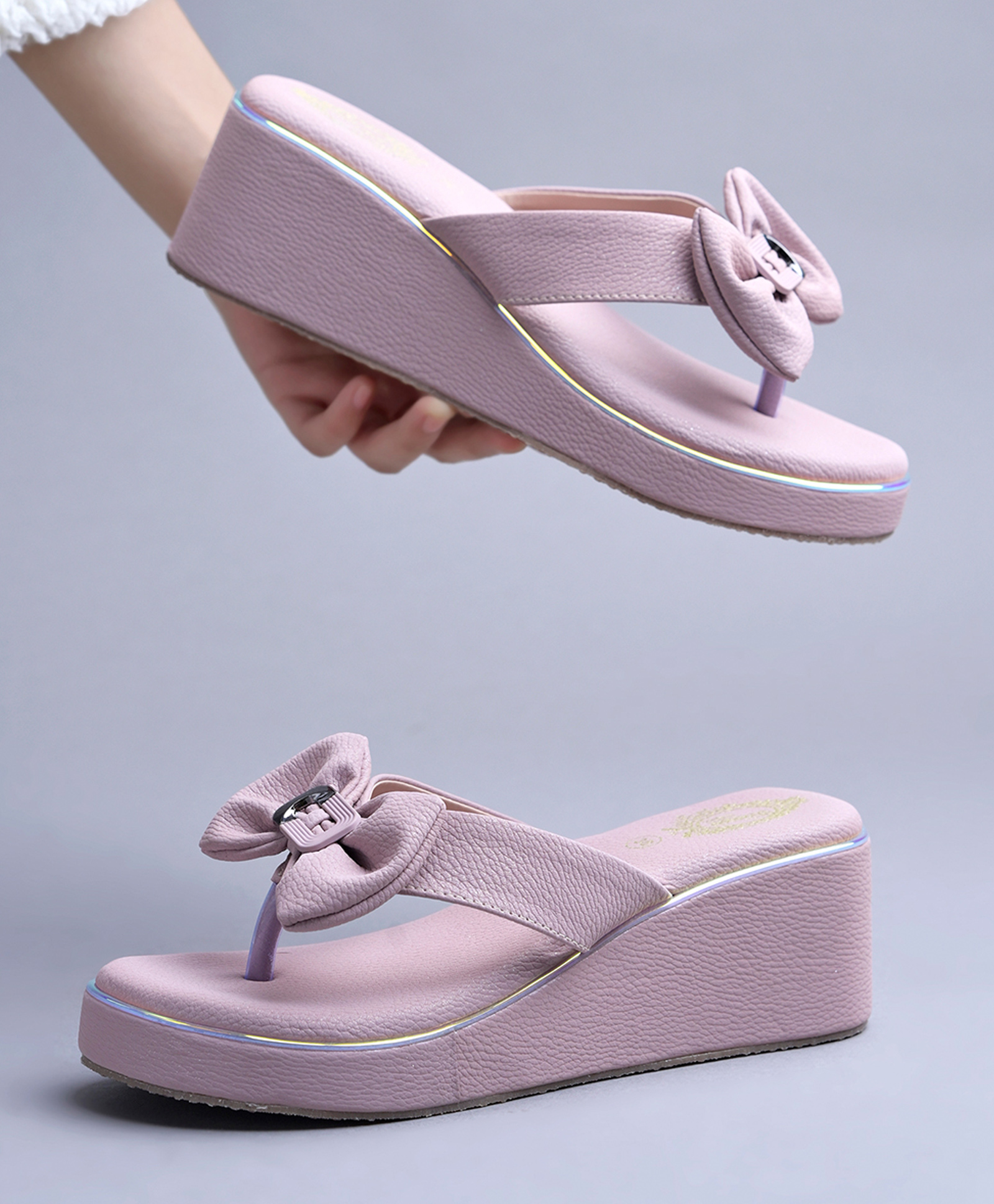 Shoetopia Bow Applique Detailed Wedges Heel Sandals - Peach-image-34